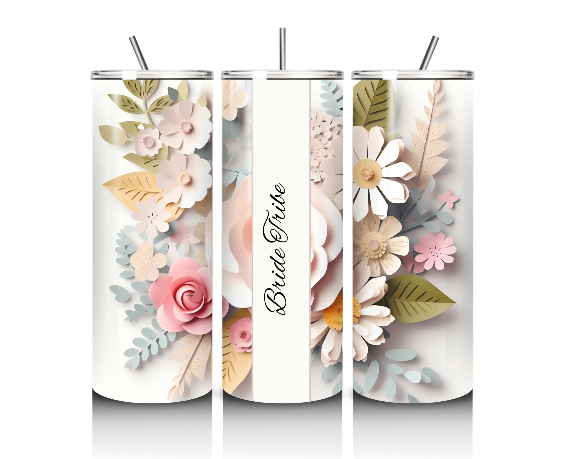 20oz stainless steel tumbler with floral design, “Bride Tribe” wedding party drinkware gift