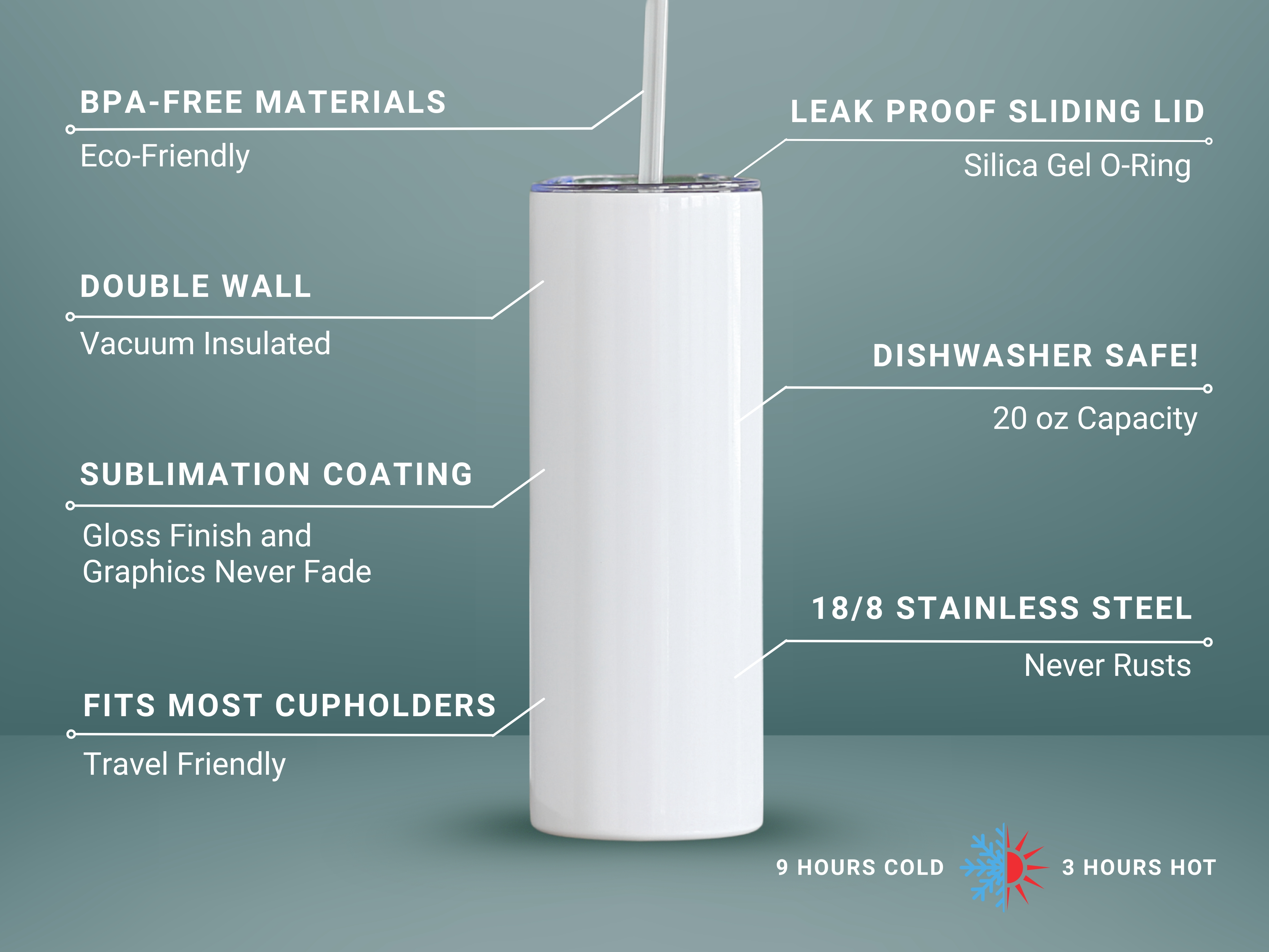Blue background spec sheet for 20oz stainless steel tumbler with BPA-free materials, double wall insulation, sublimation coating, leak-proof lid, dishwasher safe, and keeps drinks cold 9 hours or hot 3 hours.