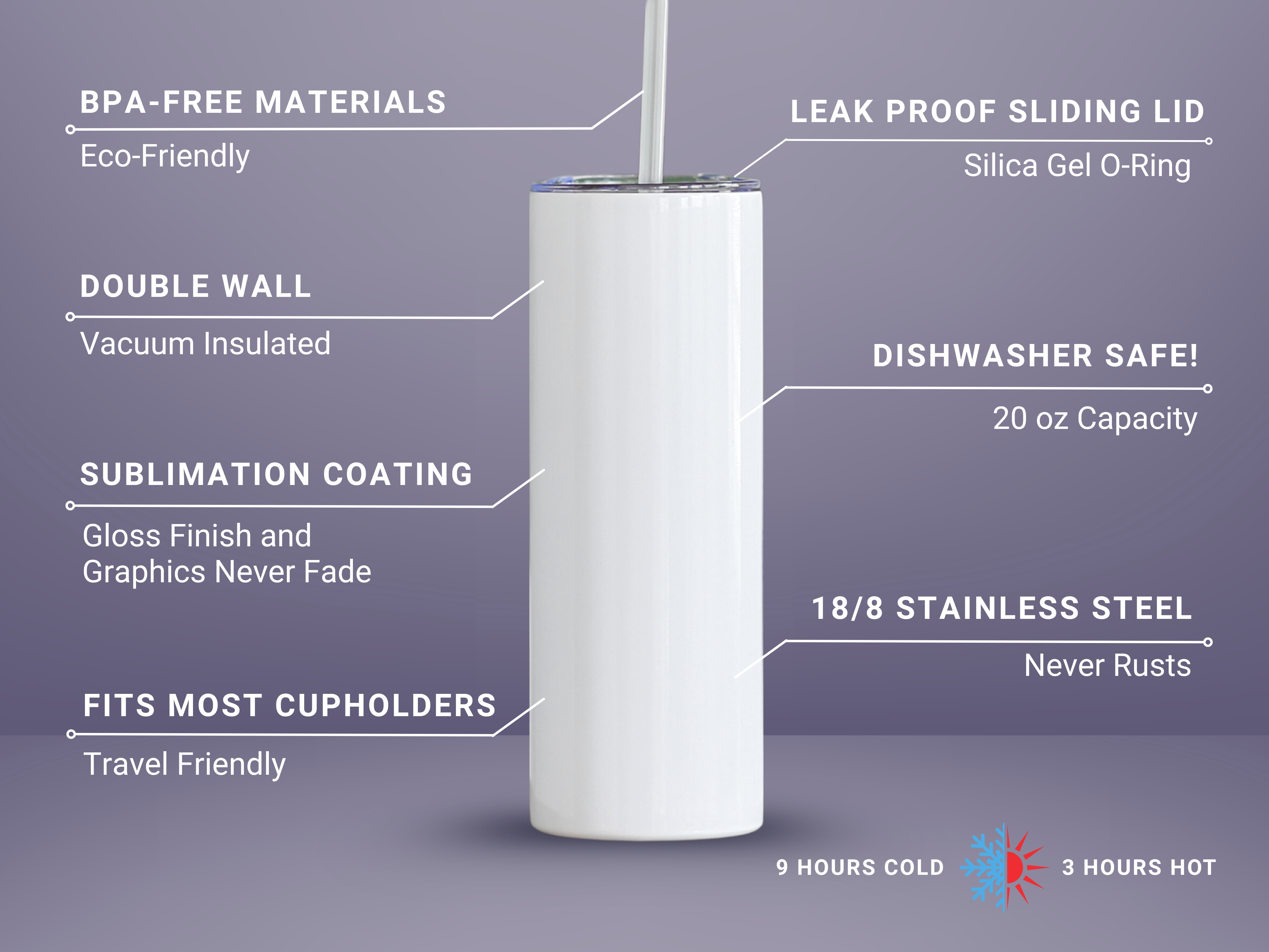 Purple background spec sheet for 20oz stainless steel tumbler with BPA-free materials, double wall insulation, sublimation coating, leak-proof lid, dishwasher safe, and keeps drinks cold 9 hours or hot 3 hours.