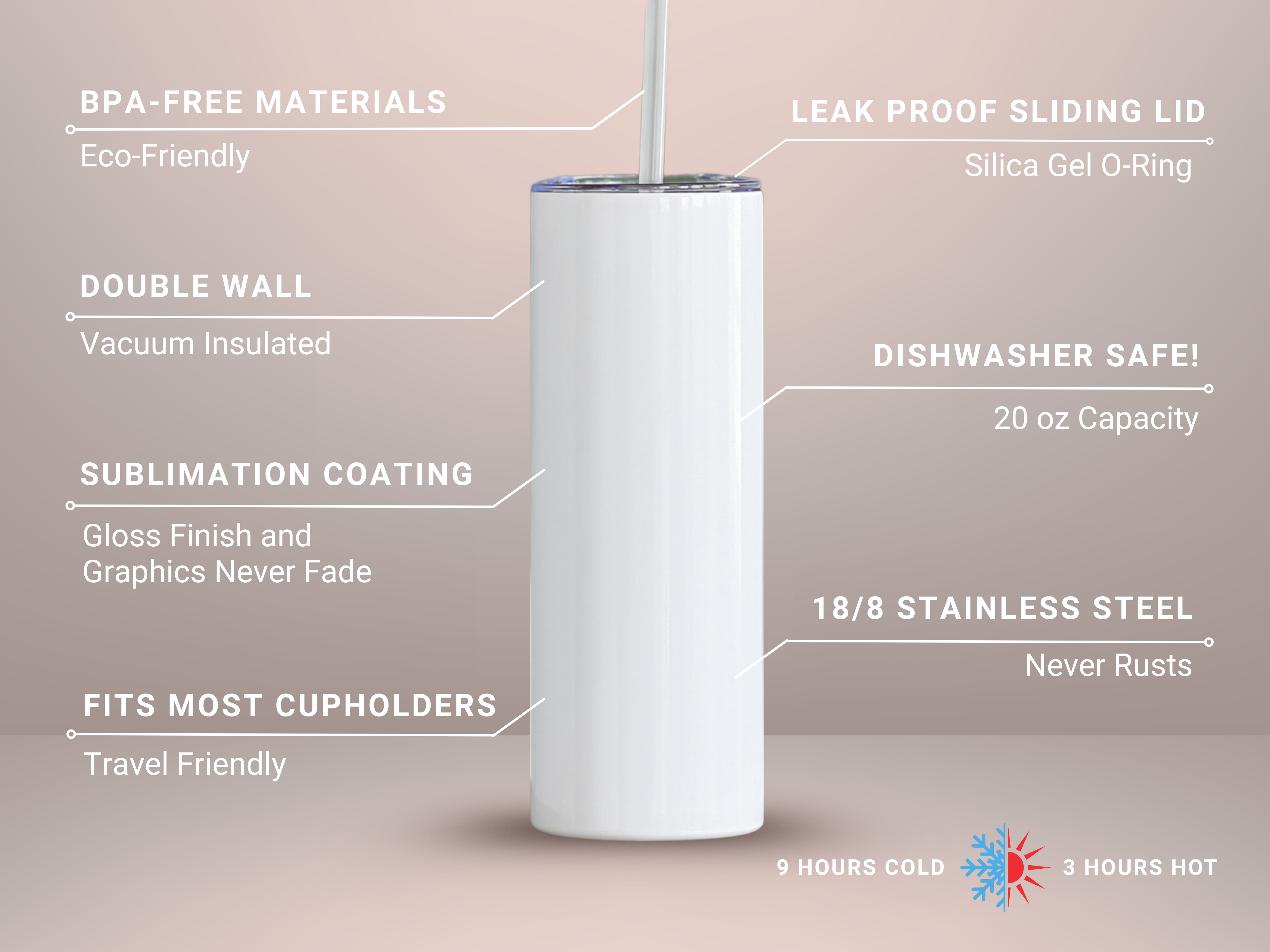 Rose gold background spec sheet for 20oz stainless steel tumbler with BPA-free materials, double wall insulation, sublimation coating, leak-proof lid, dishwasher safe, and keeps drinks cold 9 hours or hot 3 hours.