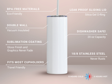 Load image into Gallery viewer, Rose gold background spec sheet for 20oz stainless steel tumbler with BPA-free materials, double wall insulation, sublimation coating, leak-proof lid, dishwasher safe, and keeps drinks cold 9 hours or hot 3 hours.