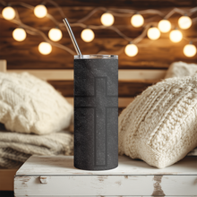 Load image into Gallery viewer, Front view of Bloom in Faith™ 20oz Stainless Steel Tumbler featuring colorful flower cross with “Jesus” stem design.