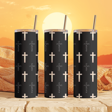 Load image into Gallery viewer, Close-up of cross pattern design on By His Cross™ Tumbler, inspired by 1 Peter 2:24 — faith-based drinkware.
