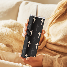 Load image into Gallery viewer, Side view of By His Cross™ Christian tumbler, slim stainless steel design with scripture-inspired cross pattern.
