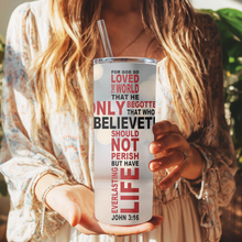 Load image into Gallery viewer, Front view of the John 3:16 Cross™ 20oz Stainless Steel Tumbler featuring scripture typography in the shape of a cross.