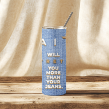 Load image into Gallery viewer, Stretched By Faith™ 20oz stainless steel tumbler with denim-inspired wrap and Christian motivational phrase.