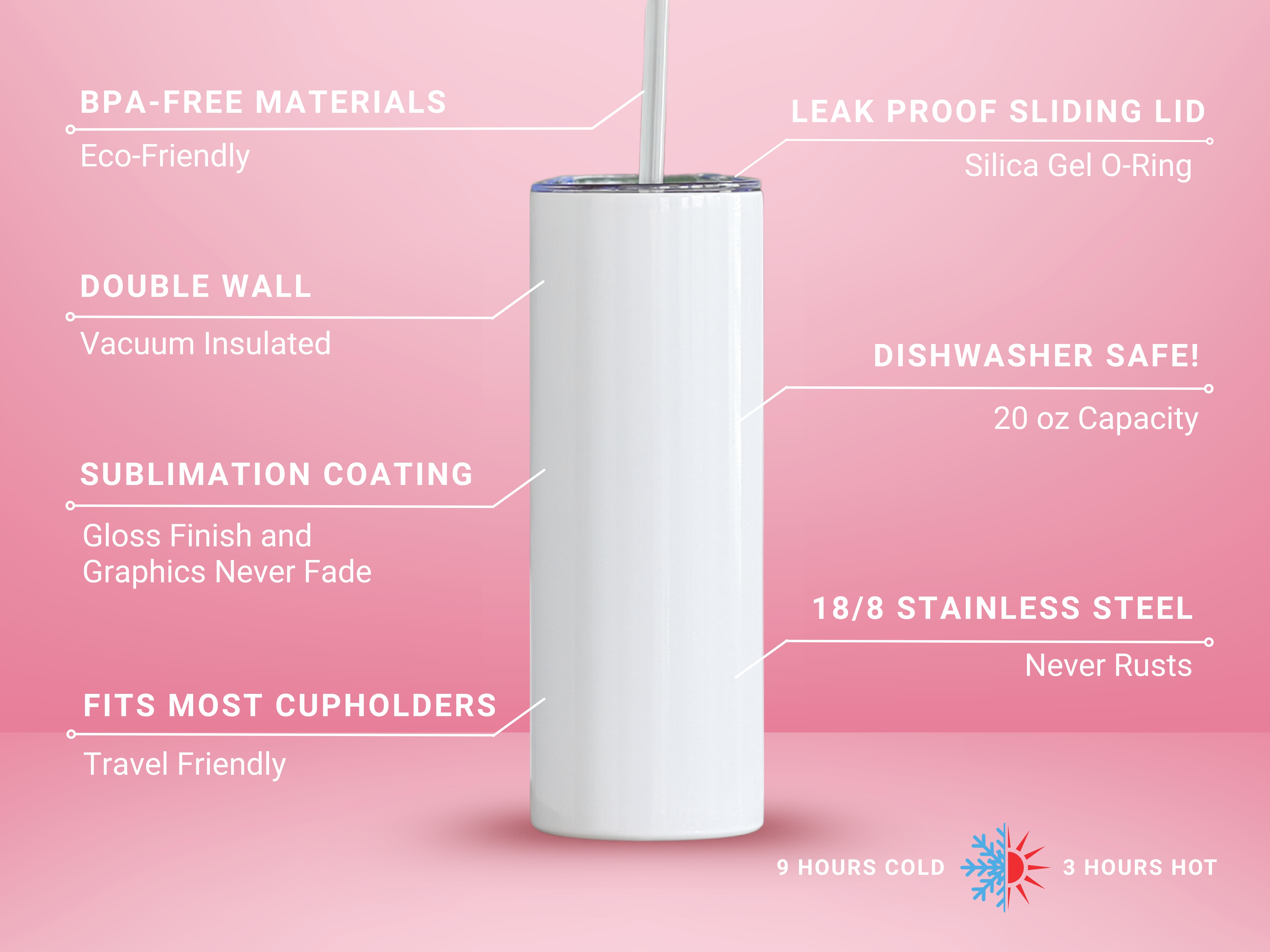 Pink background spec sheet for 20oz stainless steel tumbler with BPA-free materials, double wall insulation, sublimation coating, leak-proof lid, dishwasher safe, and keeps drinks cold 9 hours or hot 3 hours.