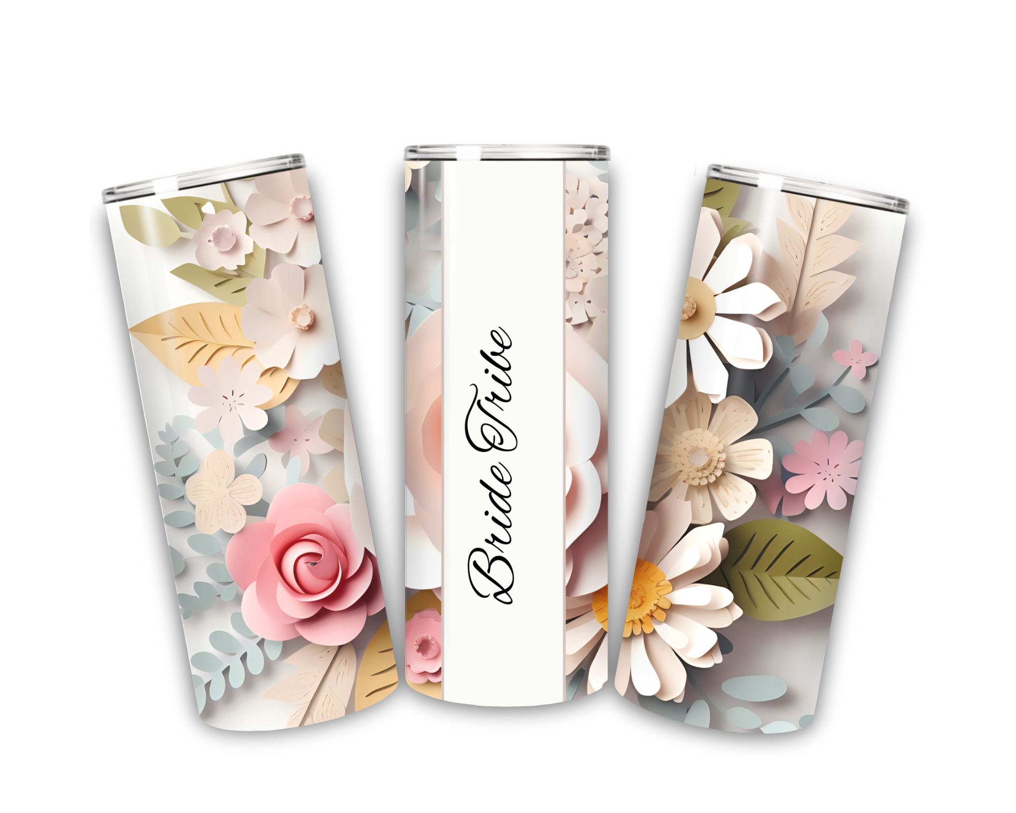 20oz stainless steel tumbler with floral design, “Bride Tribe” wedding party drinkware gift