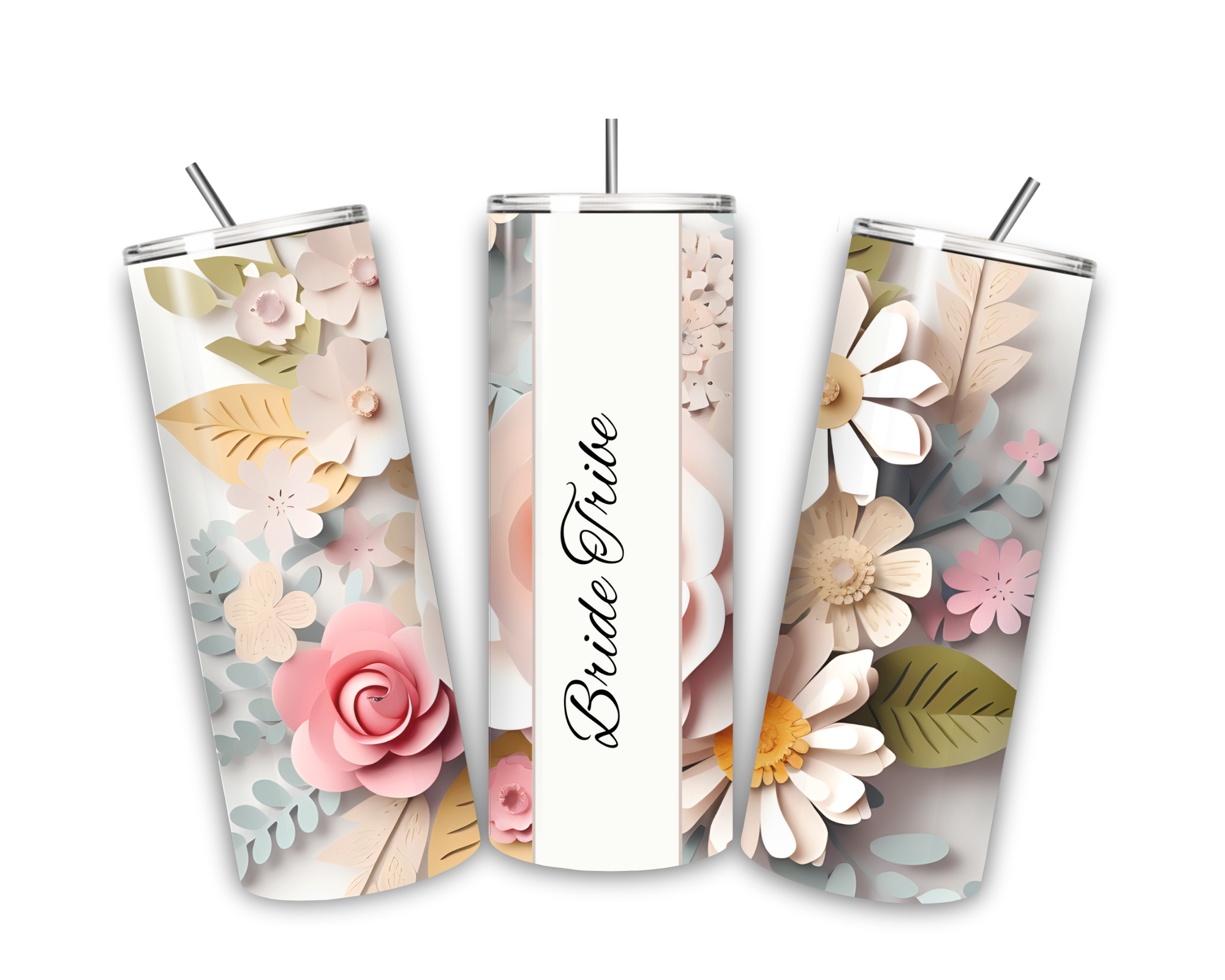 20oz stainless steel tumbler with floral design, “Bride Tribe” wedding party drinkware gift.