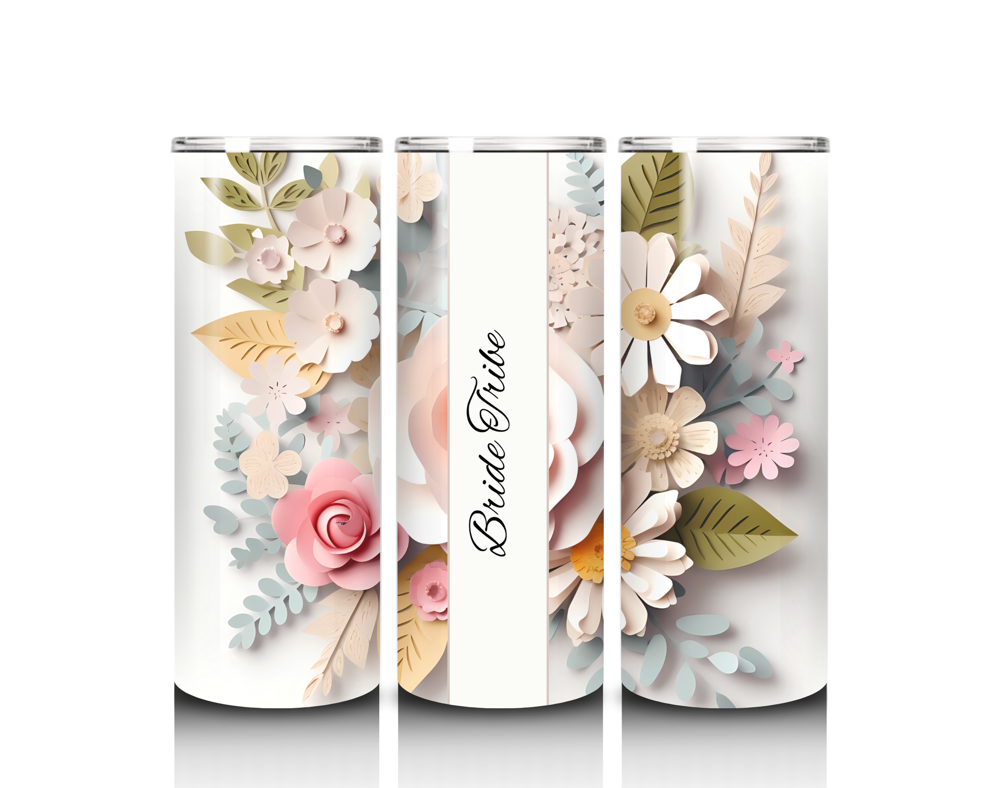 20oz stainless steel tumbler with floral design, “Bride Tribe” wedding party drinkware gift