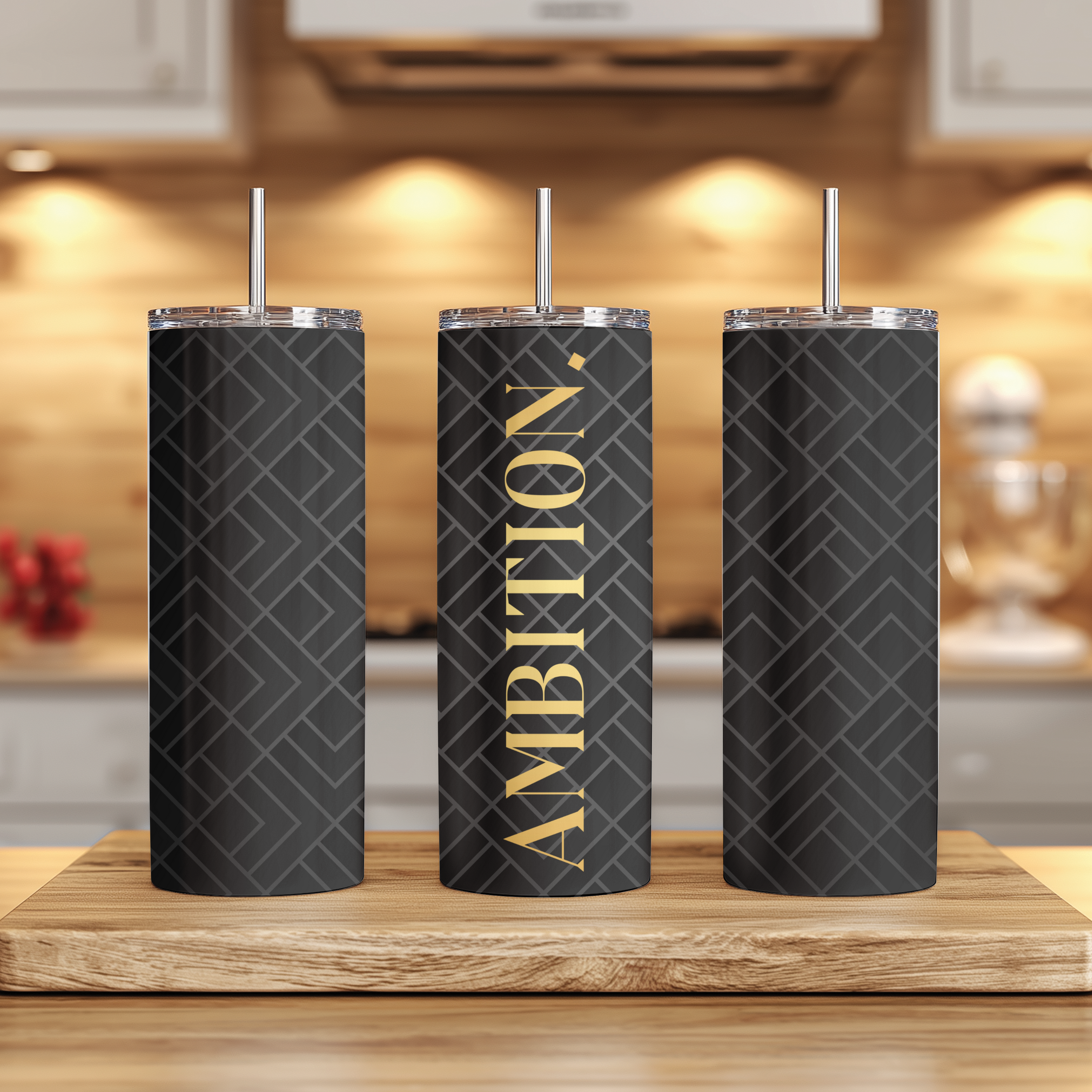 Close-up view of Ambition Drive™ tumbler text “Ambition.”