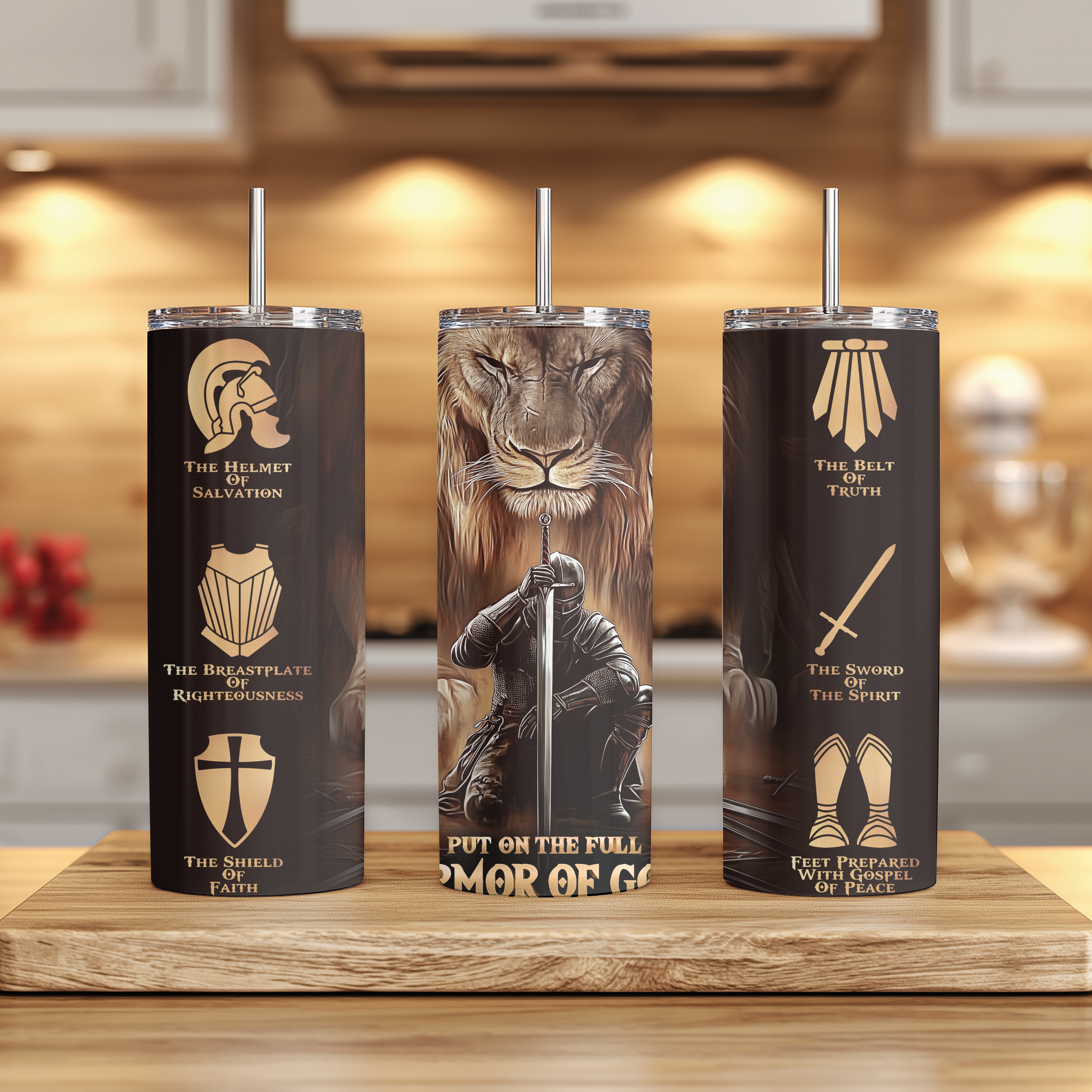 Close-up view of Armor of God™ tumbler showing detailed lion, knight, and scripture-based design.