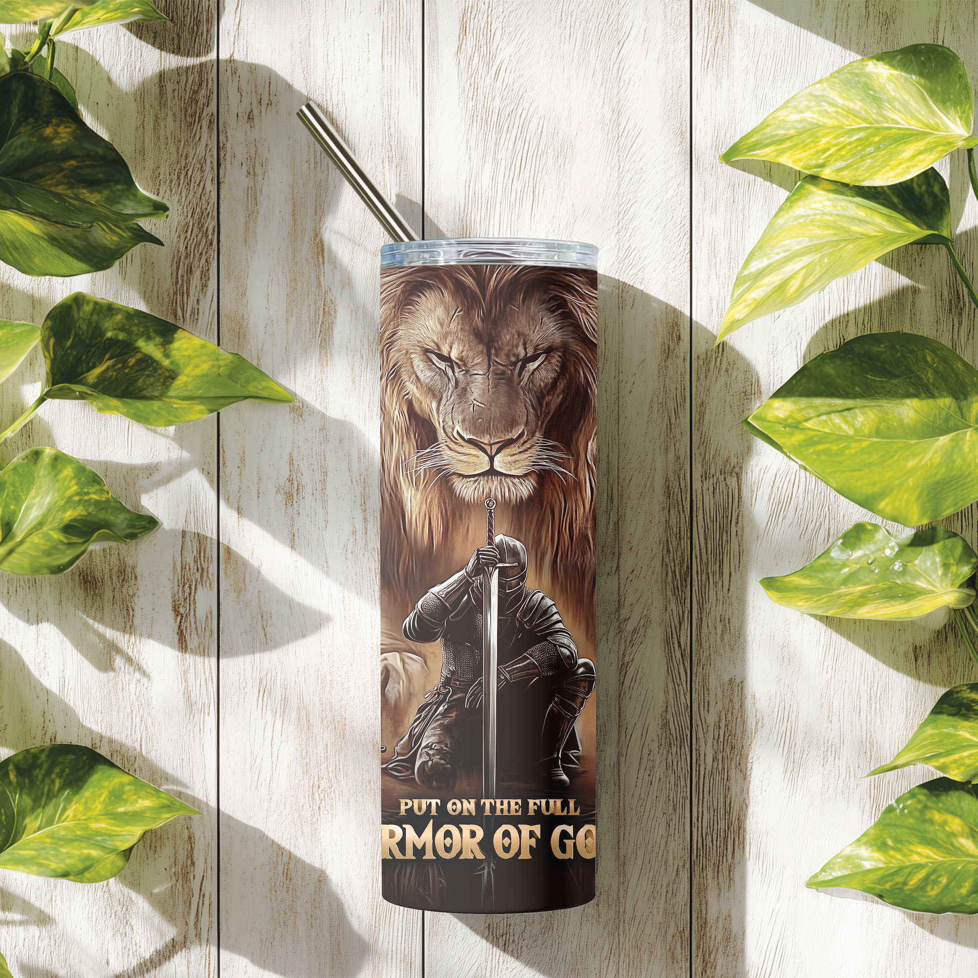 Lifestyle photo of Armor of God™ tumbler placed in a warm-toned setting.