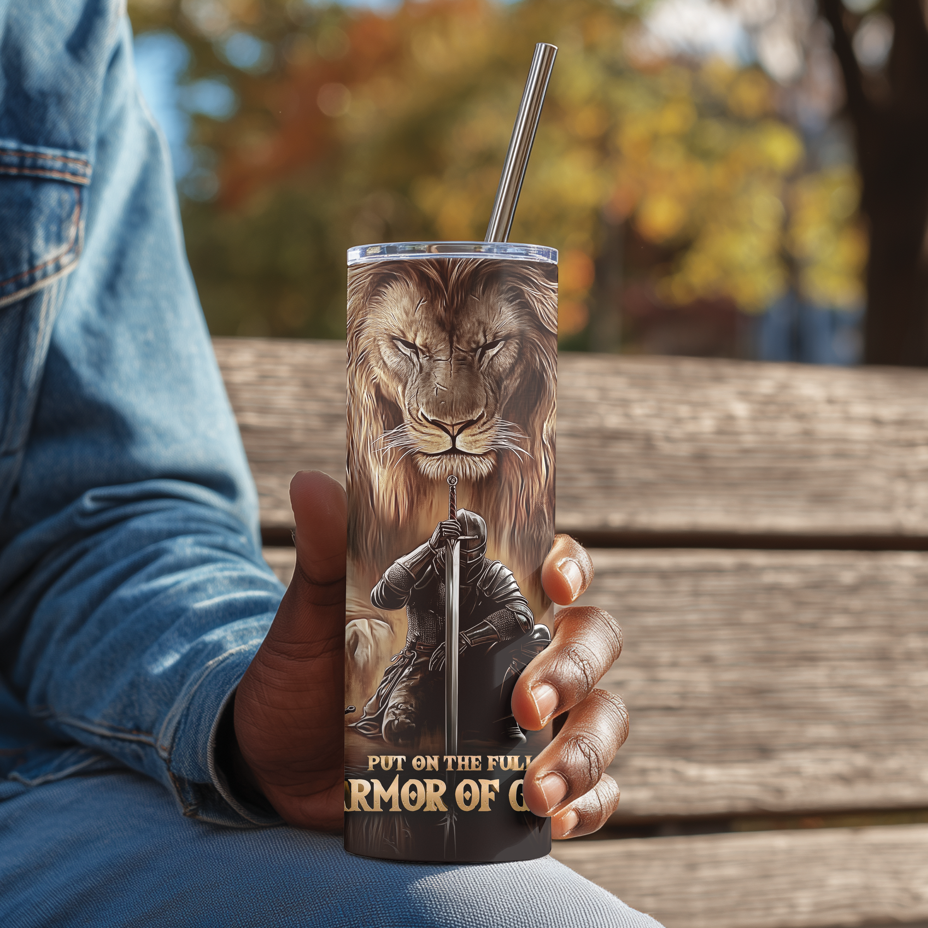 Side angle of Armor of God™ 20oz Stainless Steel Tumbler with scripture-inspired artwork.
