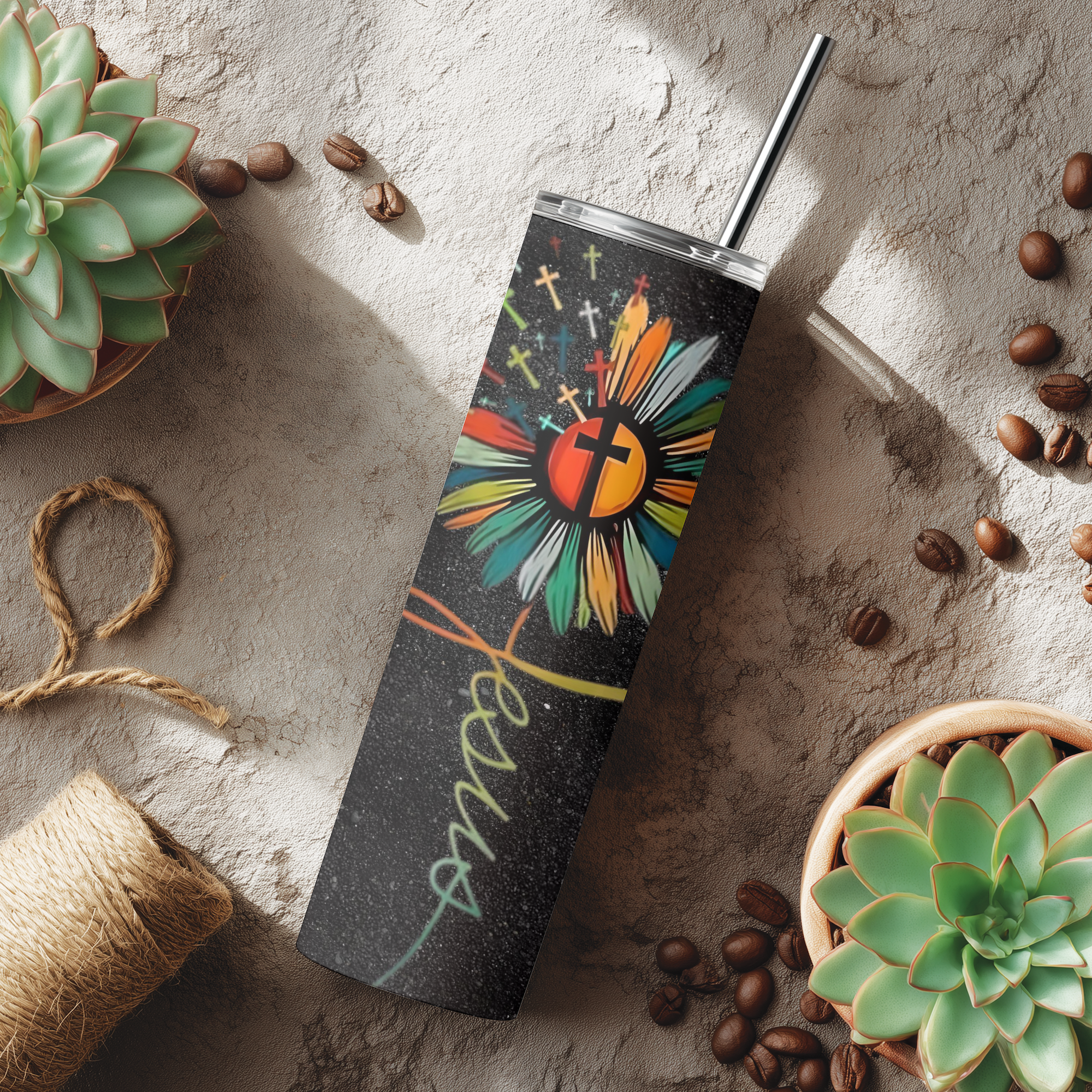 Lifestyle photo of Bloom in Faith™ tumbler on a rustic surface with cozy background lighting.