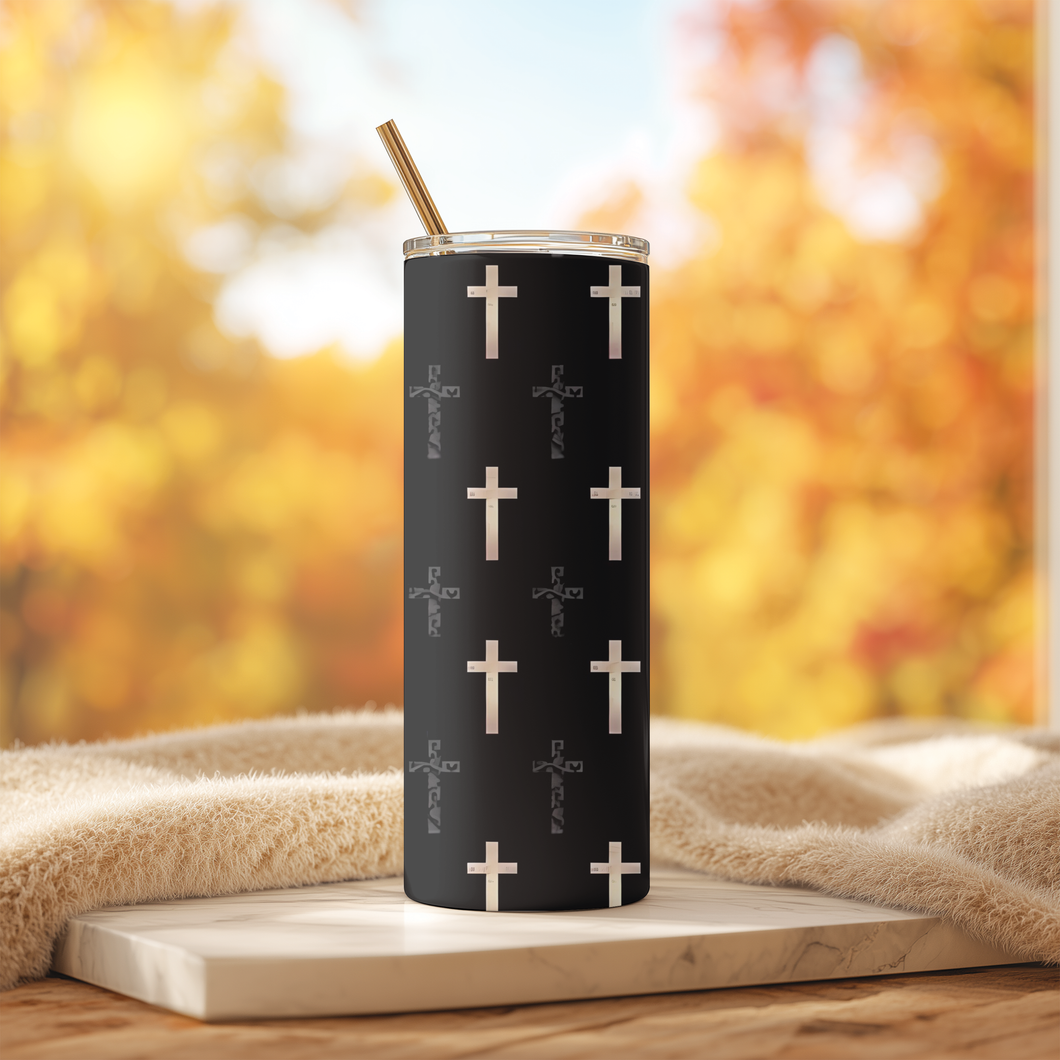 20oz By His Cross™ Stainless Steel Tumbler featuring repeated cross design on black background — Christian scripture-inspired drinkware.