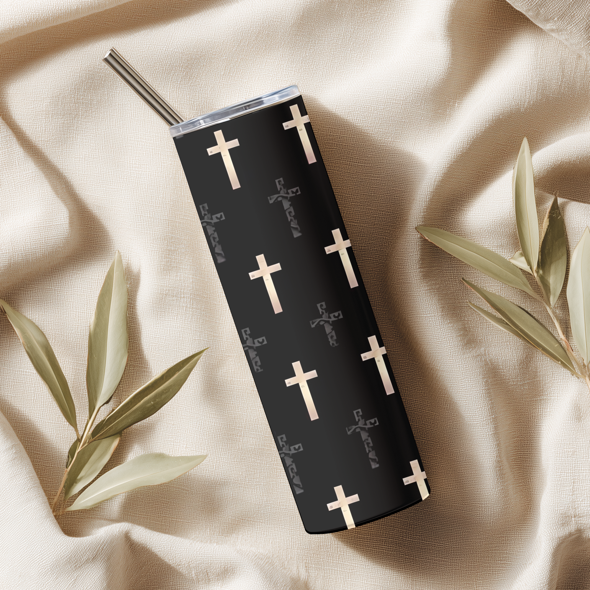 By His Cross™ 20oz Tumbler shown in lifestyle setting — inspirational Christian gift for men and women.