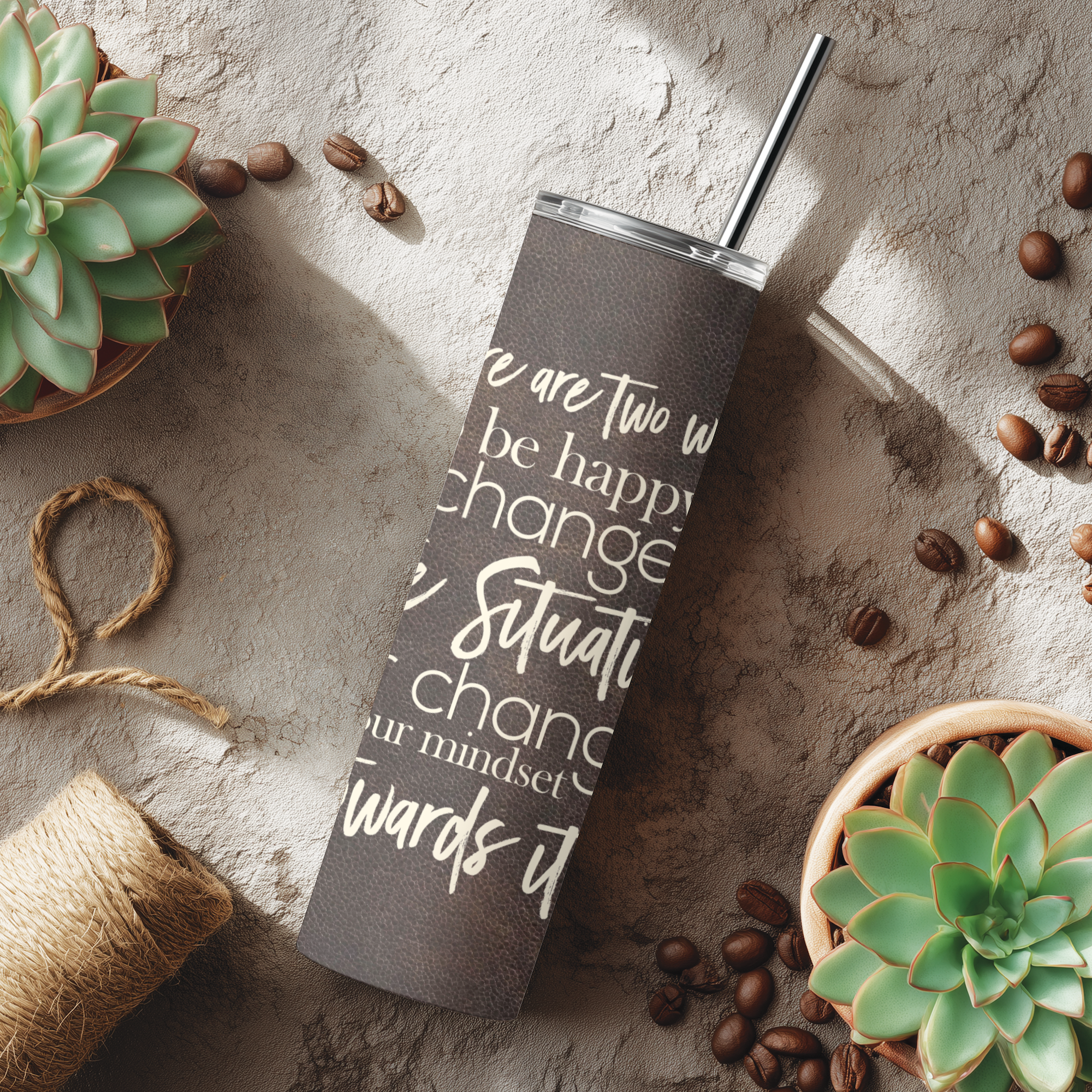 Lifestyle photo of Change the Situation™ tumbler placed in a cozy setting.
