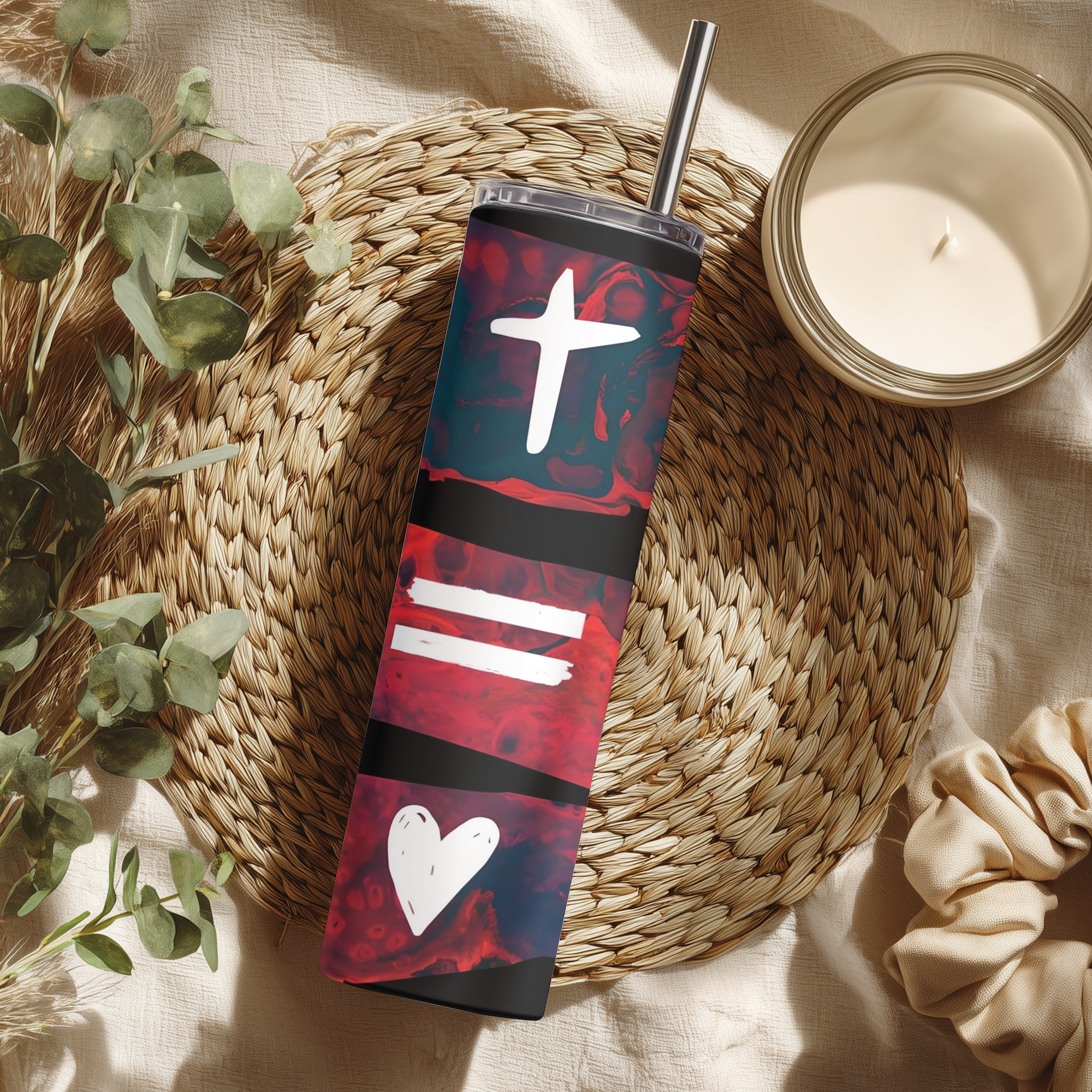 Close-up of the Cross Equals Love™ tumbler design highlighting the cross, equal sign, and heart.