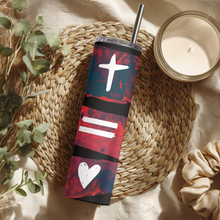 Load image into Gallery viewer, Close-up of the Cross Equals Love™ tumbler design highlighting the cross, equal sign, and heart.
