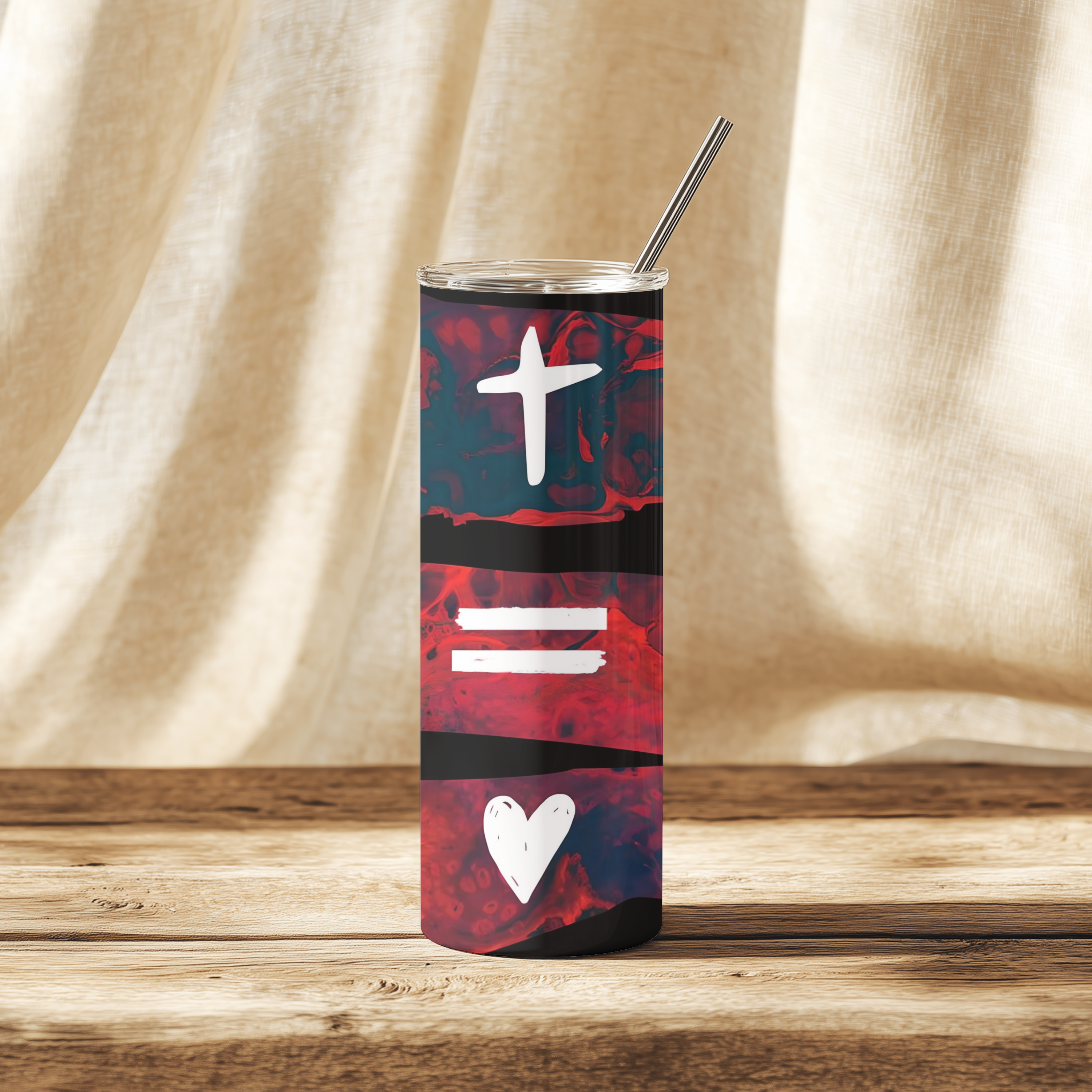 Front view of the Cross Equals Love™ 20oz Stainless Steel Tumbler featuring cross, equal sign, and heart design.