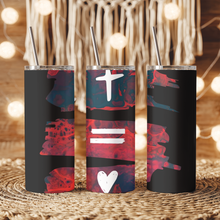 Load image into Gallery viewer, Lifestyle photo of the Cross Equals Love™ tumbler placed on a table, showing modern Christian design.
