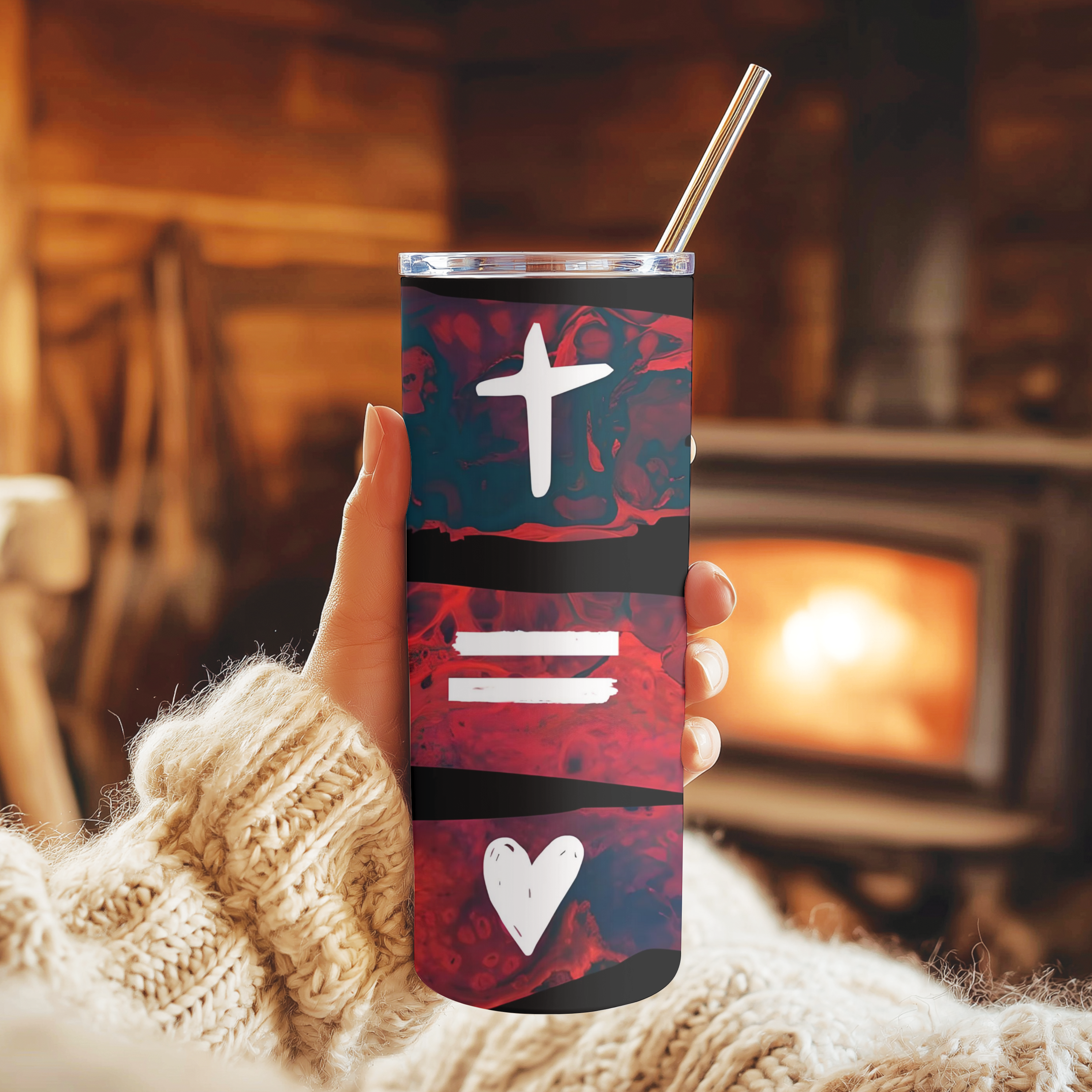 Side angle of Cross Equals Love™ faith-inspired tumbler with bold red-and-black background.