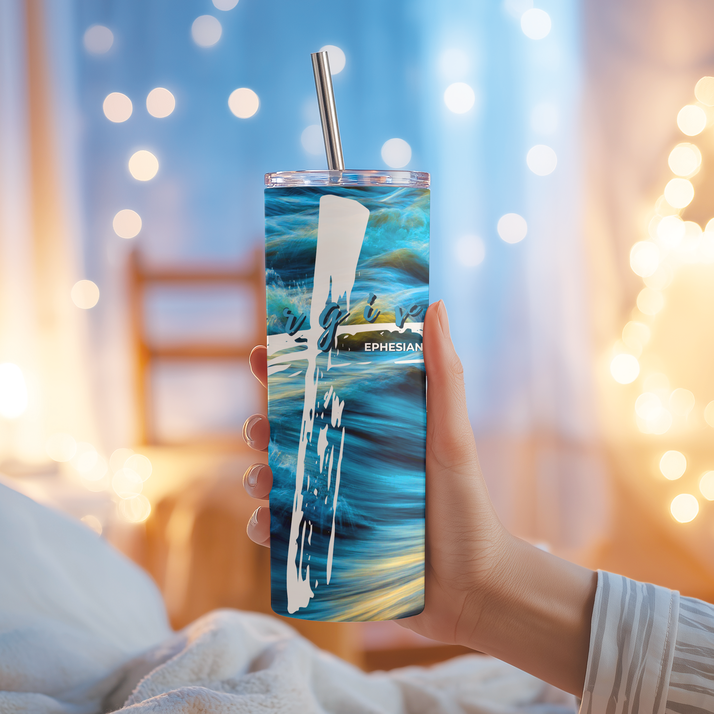 Christian scripture tumbler with blue ocean-inspired design and Bible verse Ephesians 1:7