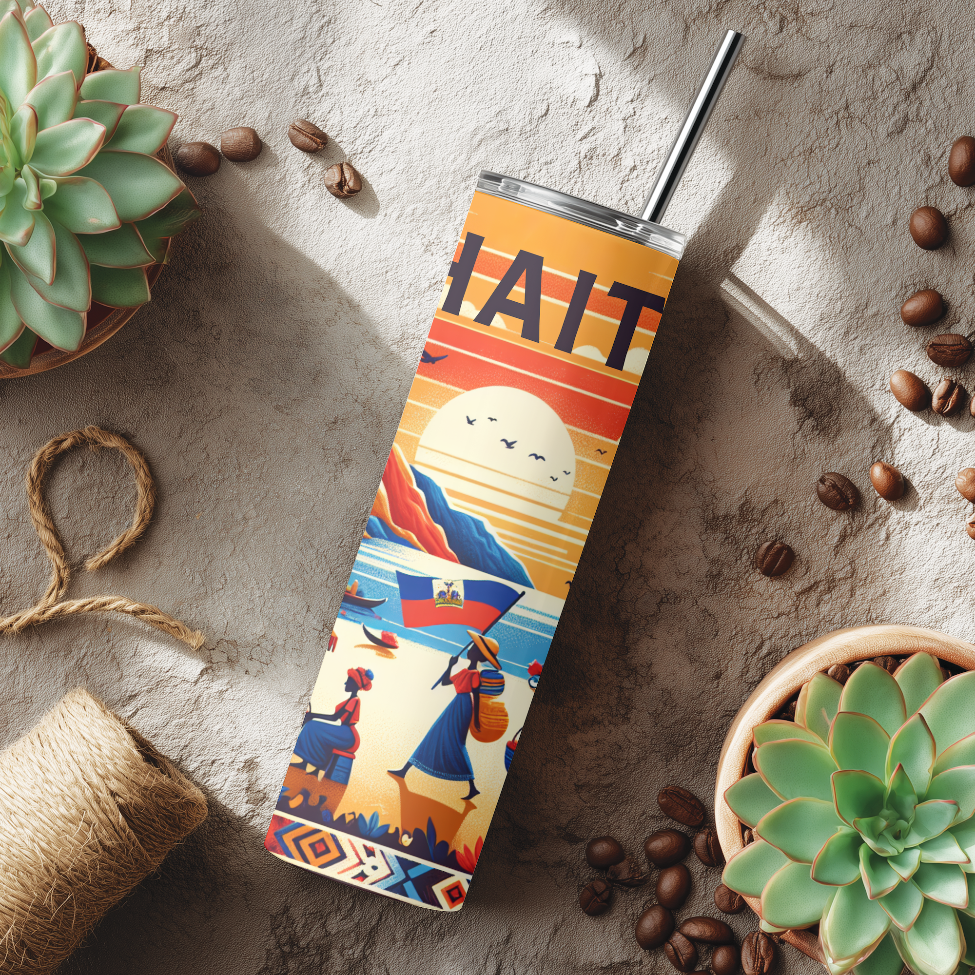 Lifestyle mockup of Feelin Ur Vibes Haiti Heritage tumbler with bright Haitian cultural details.