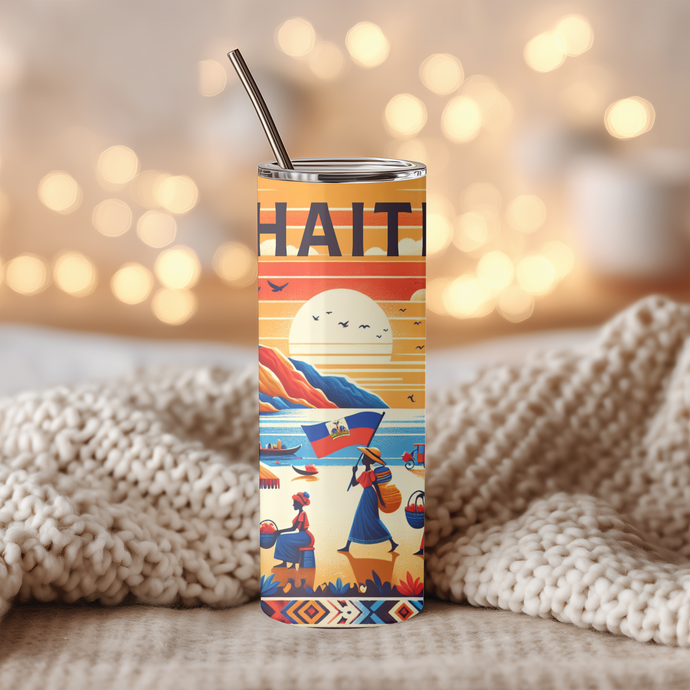 Vibrant Haiti Heritage tumbler featuring Caribbean architecture and culture design by Feelin Ur Vibes.