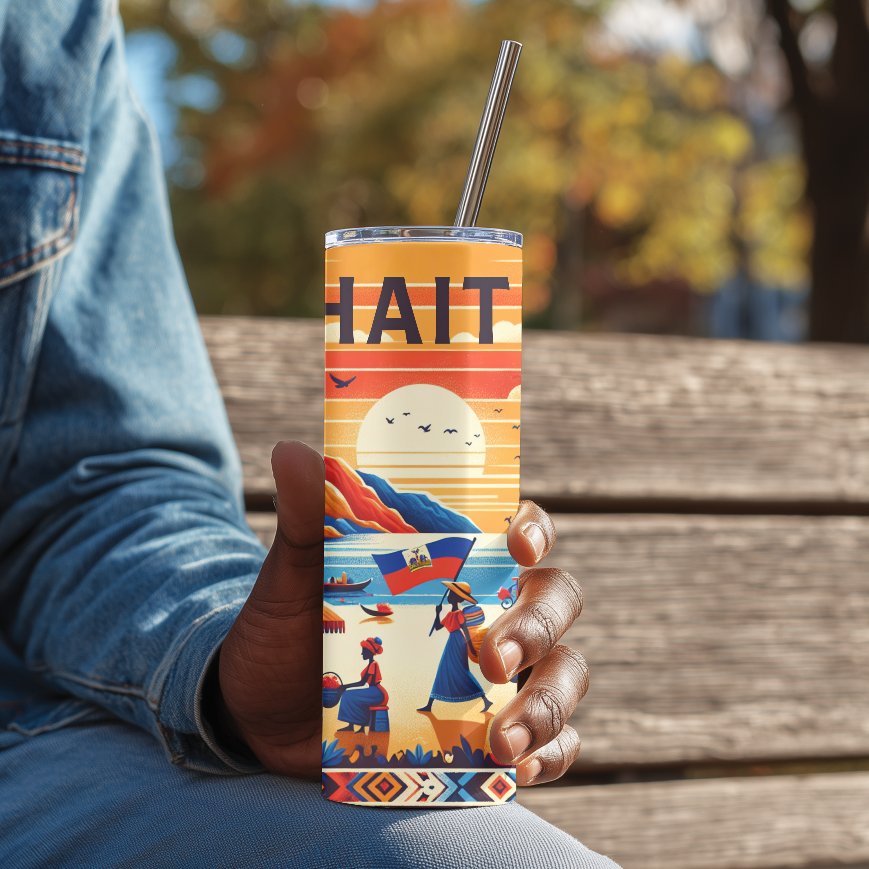 Side view of colorful Haiti tumbler highlighting Caribbean-inspired artwork and village scenery.
