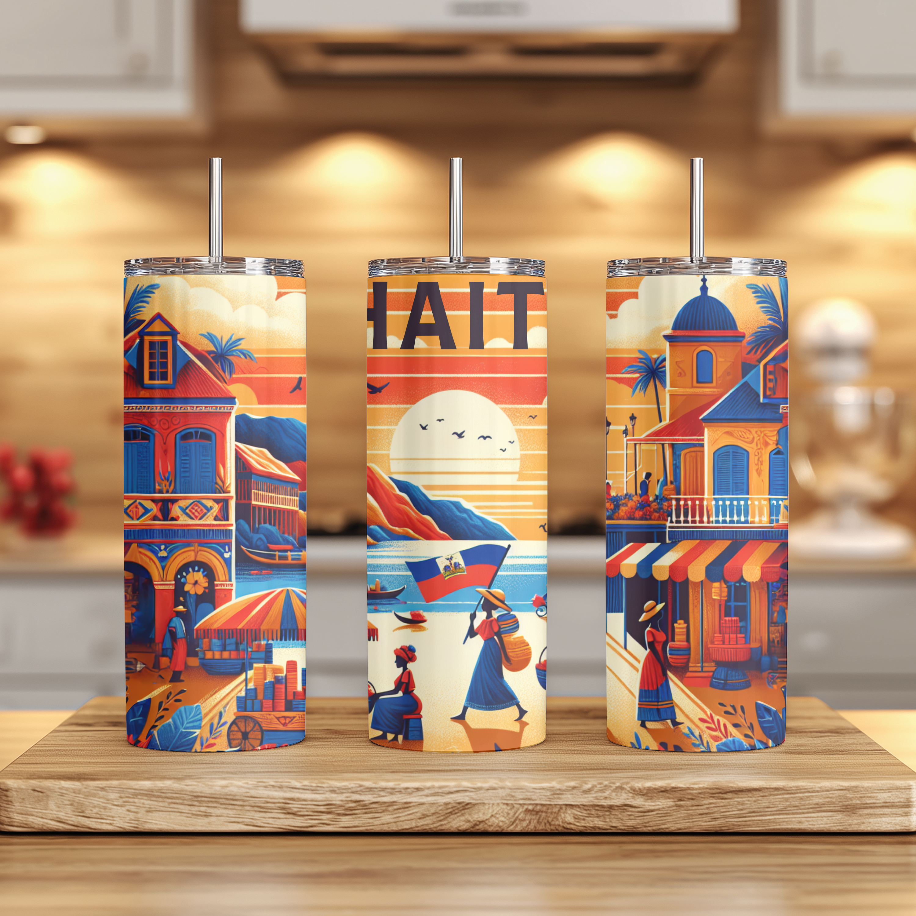 Haiti tumbler displayed on wood table, showing tropical colors and island pride design.