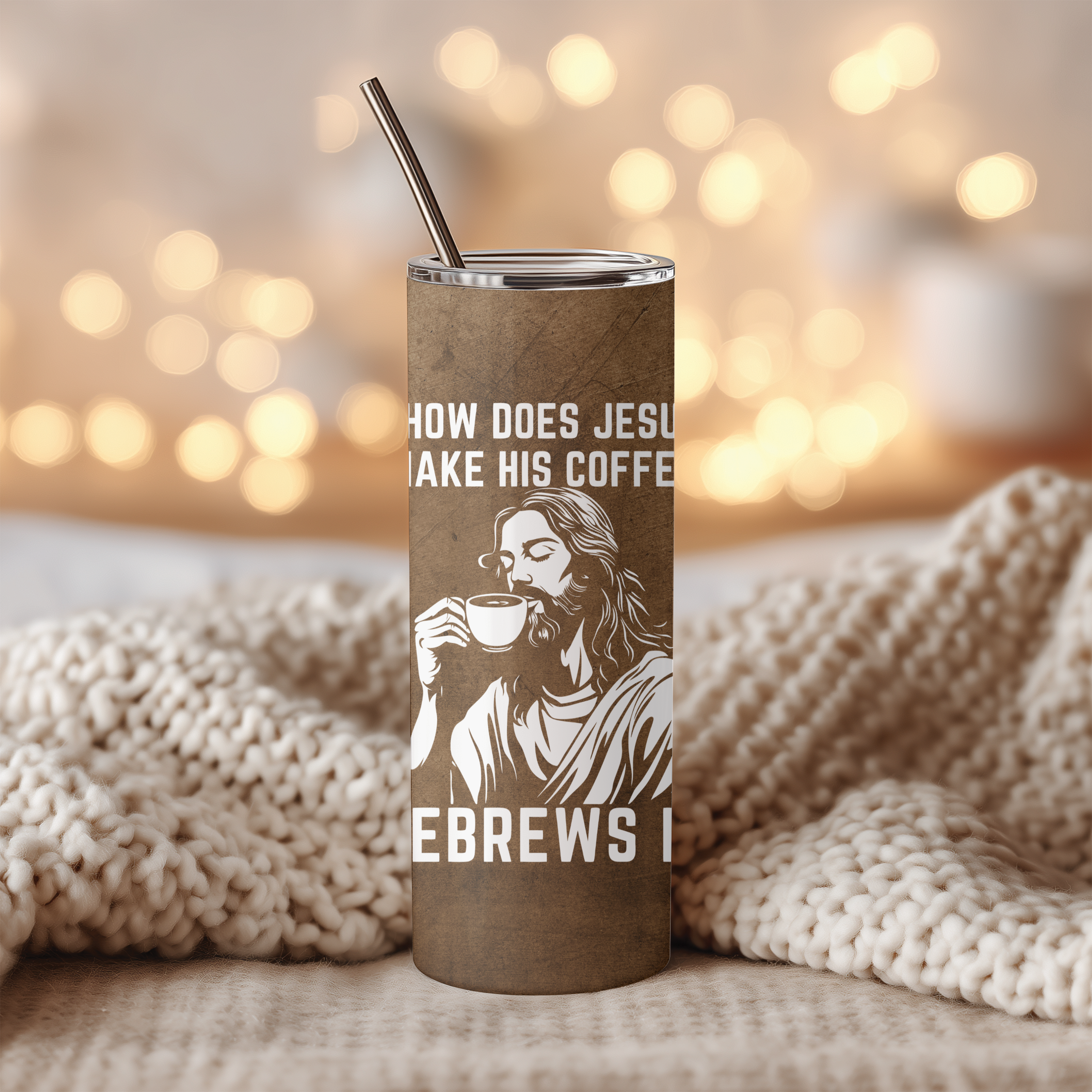 He Brews It™ tumbler with BPA-free lid and reusable straw, perfect Christian coffee gift for men and women.