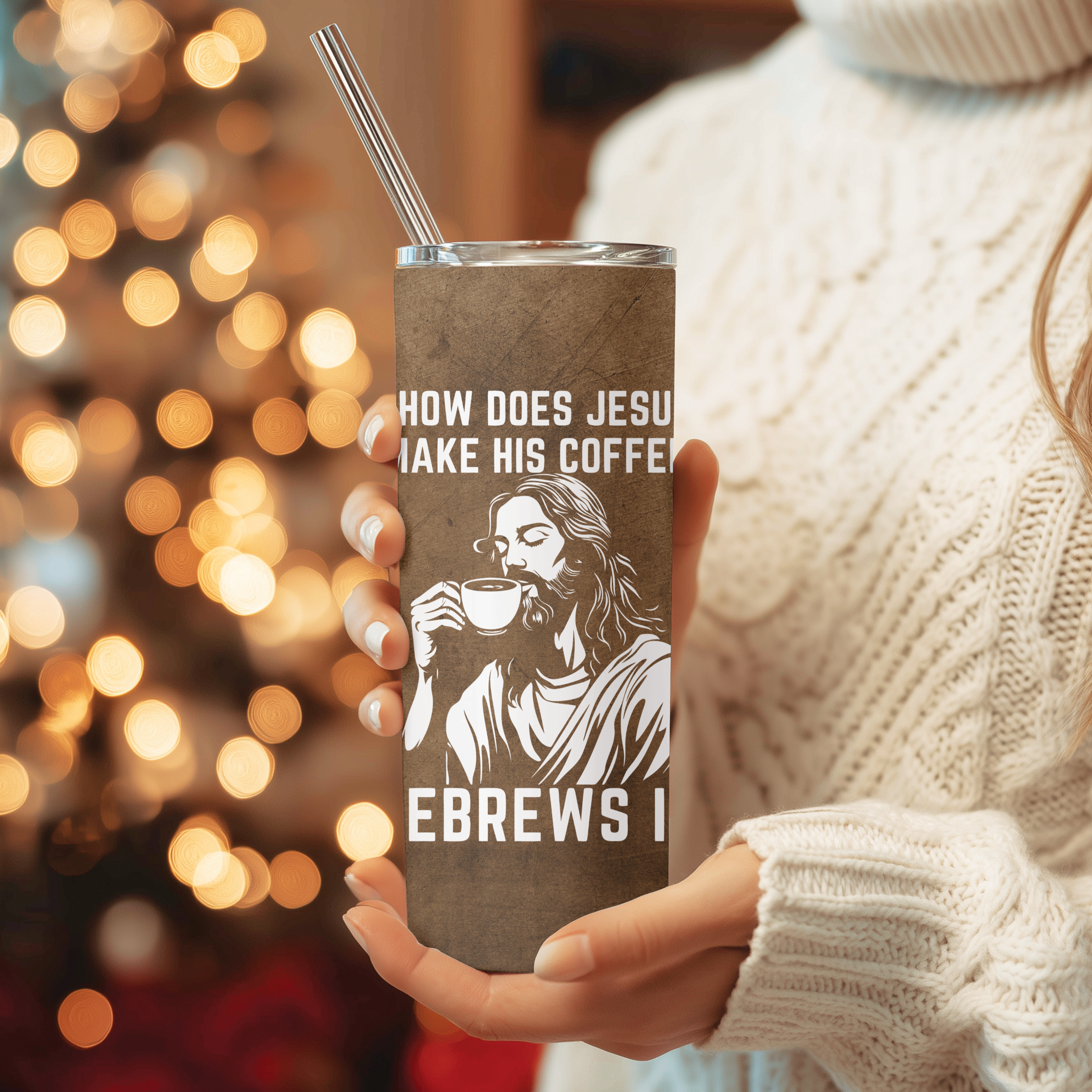 Side view of He Brews It™ stainless steel tumbler, showcasing witty Christian design and durable construction.