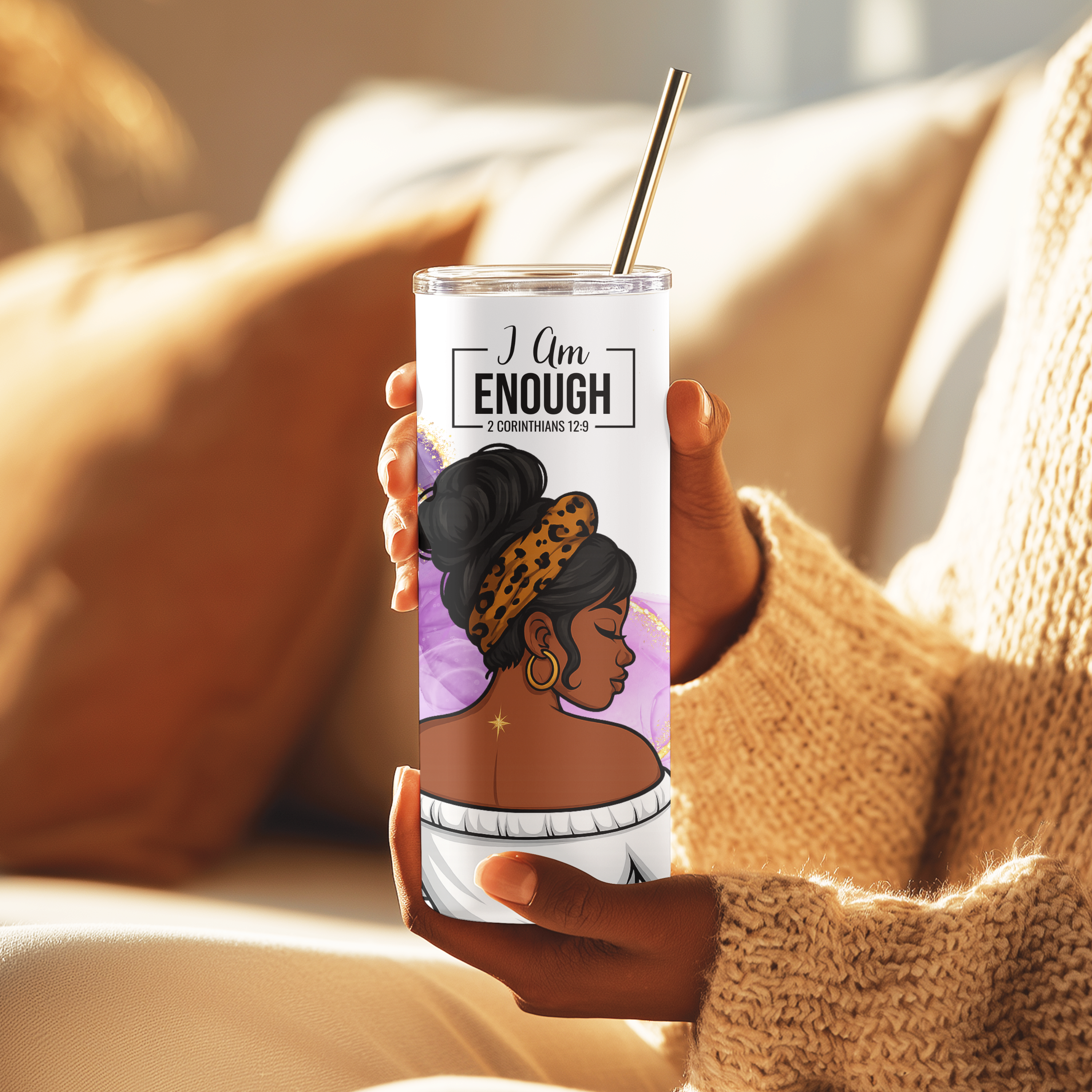 I Am Enough tumbler displayed in lifestyle setting, daily affirmation drinkware gift for women and teens.