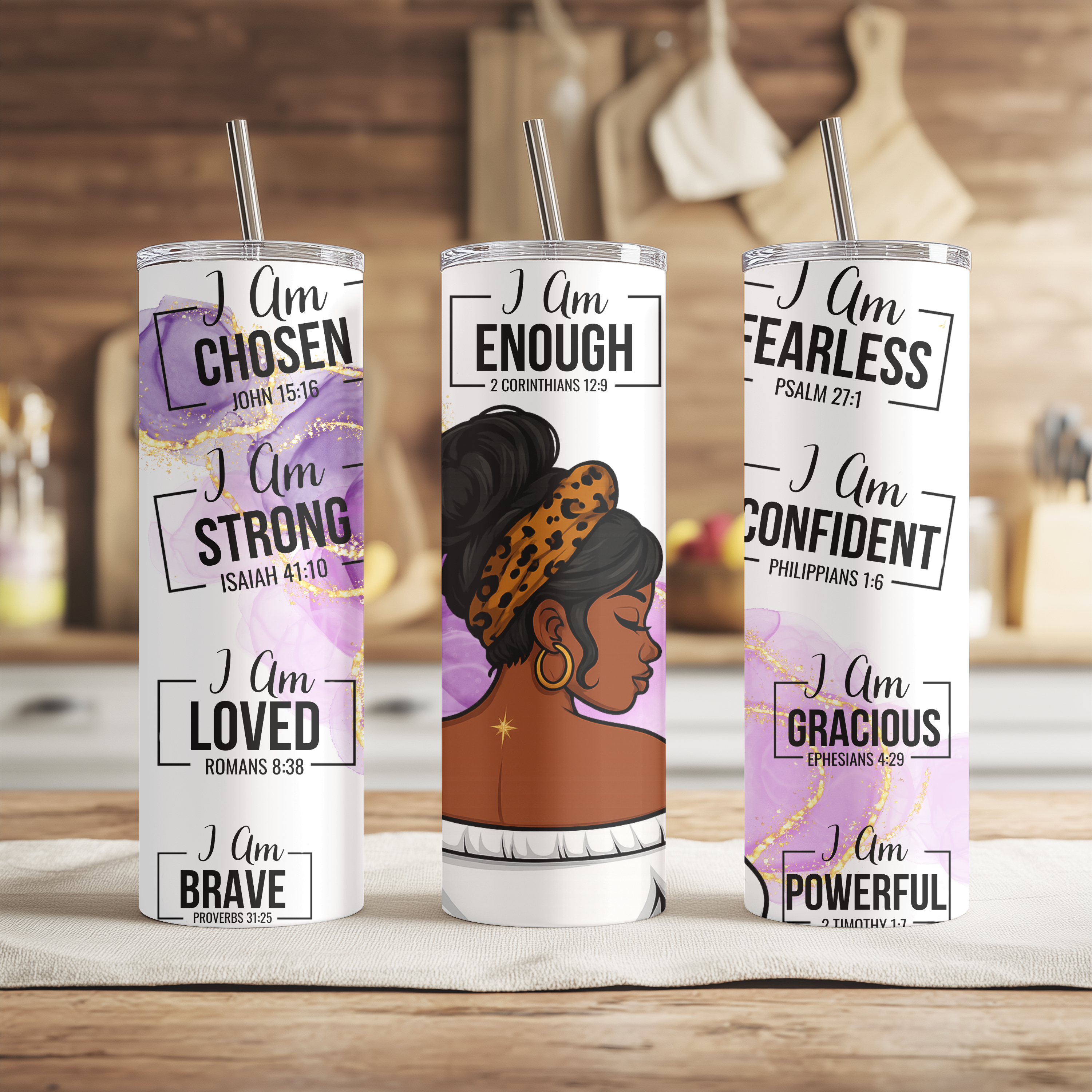 I Am Enough tumbler on wooden table, 20oz stainless steel inspirational drinkware with reusable straw.