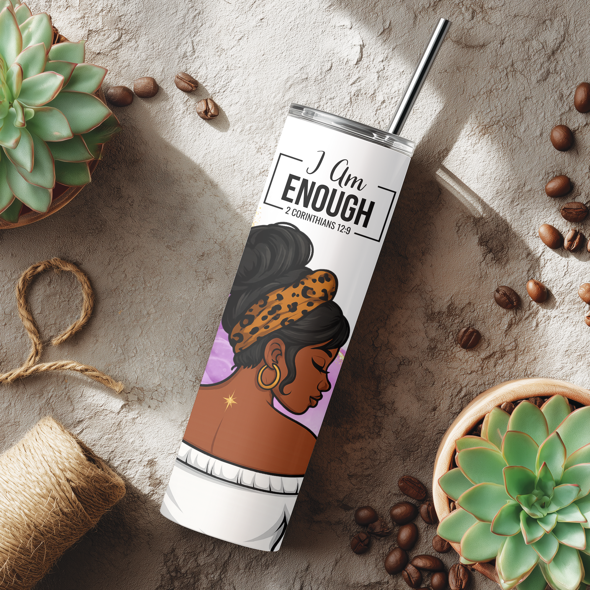 I Am Enough™ stainless steel tumbler on tabletop, scripture-inspired design from Psalm 139:14.