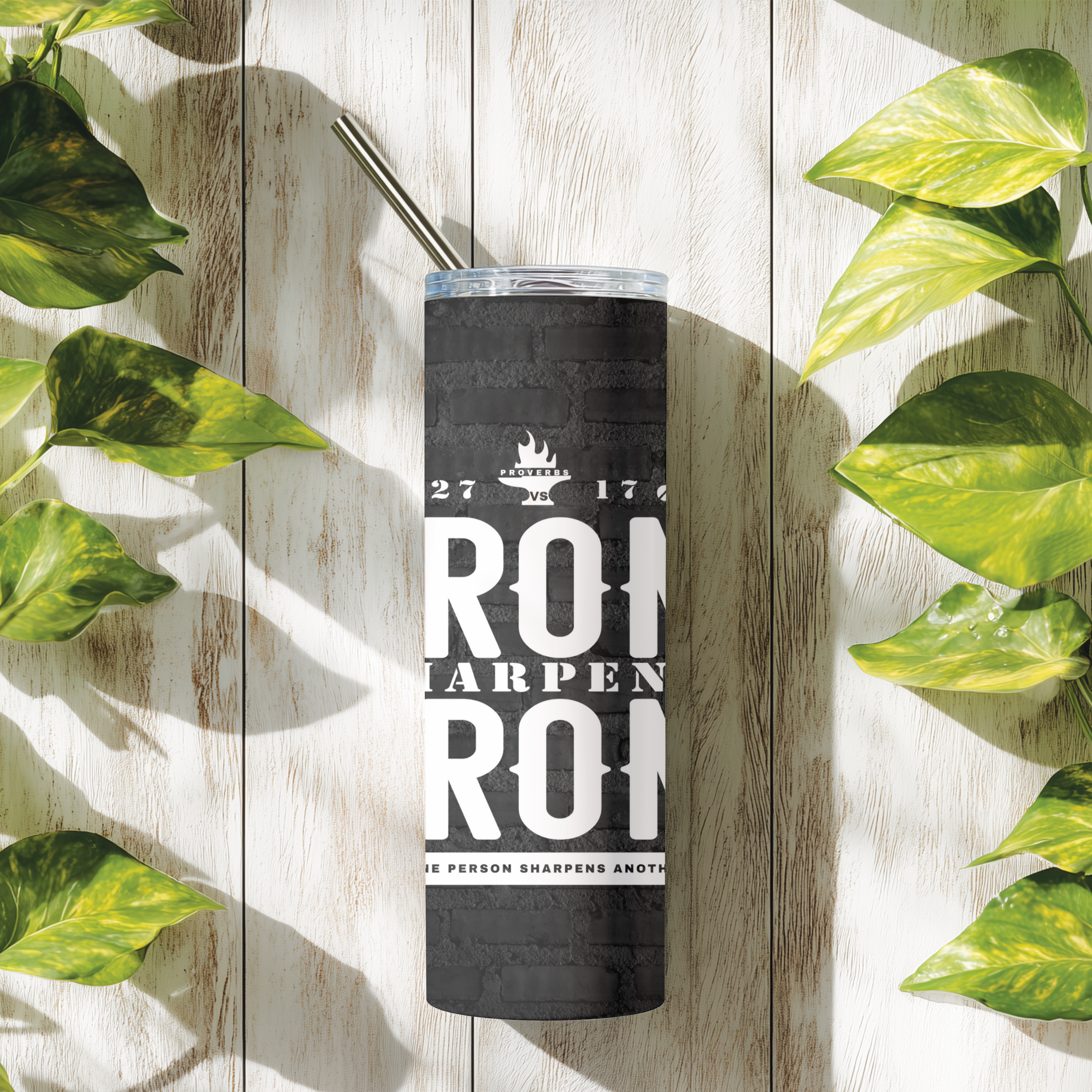 Iron Sharpens Iron™ 20oz stainless steel tumbler full wrap design with scripture from Proverbs 27:17.