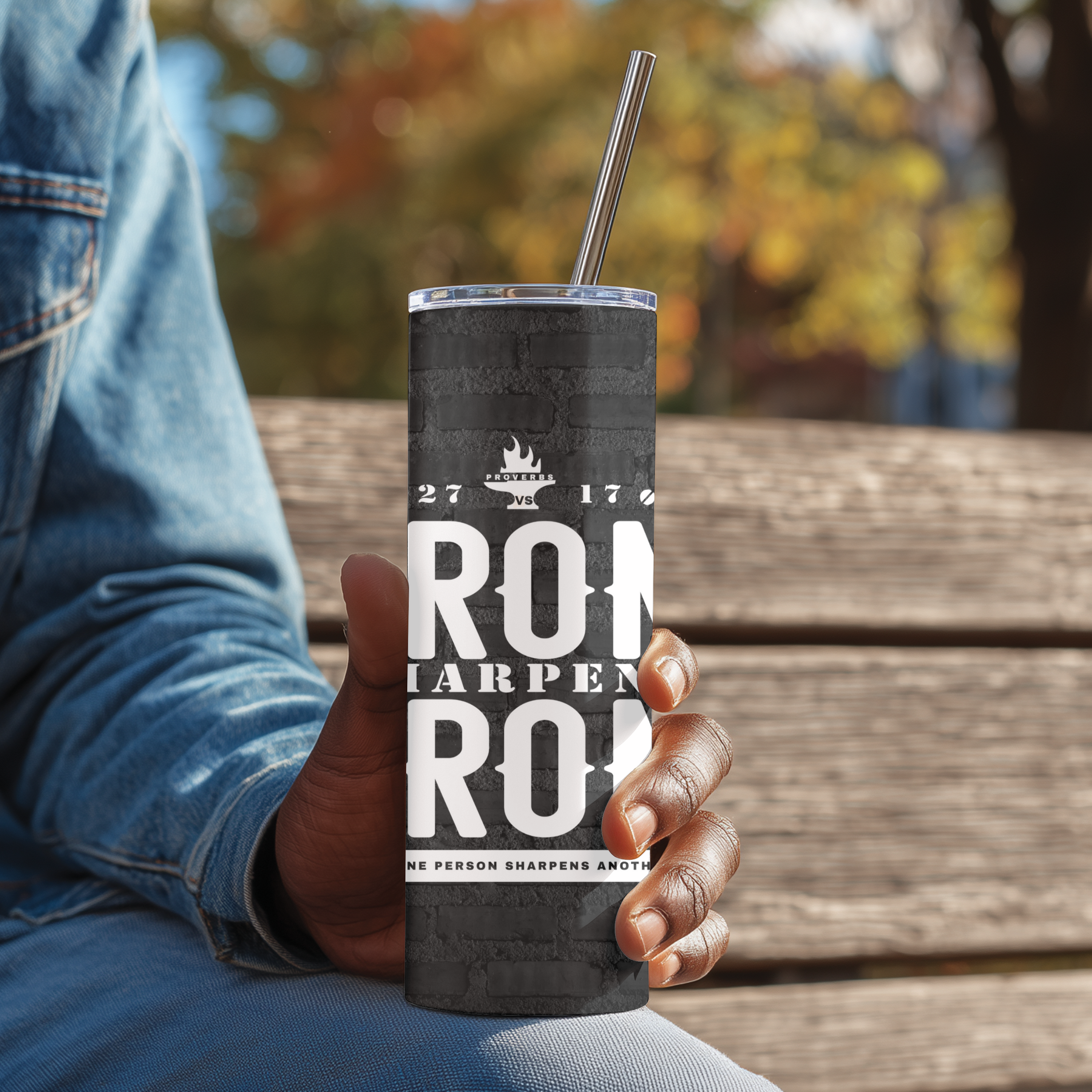 Side view of Iron Sharpens Iron™ stainless steel tumbler, scripture-inspired drinkware for men of faith.