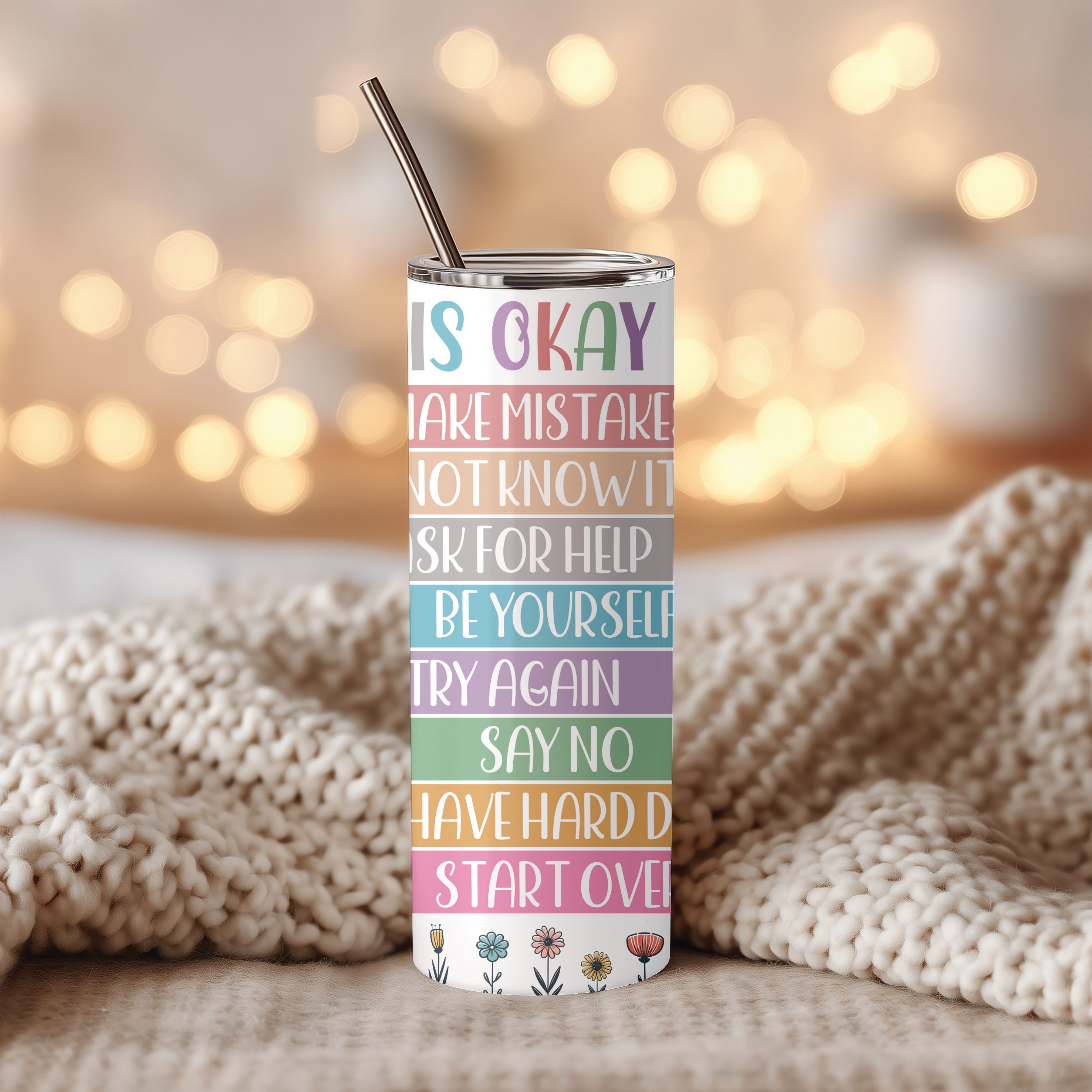 Front view of It’s Okay™ tumbler with pastel typography affirmations.