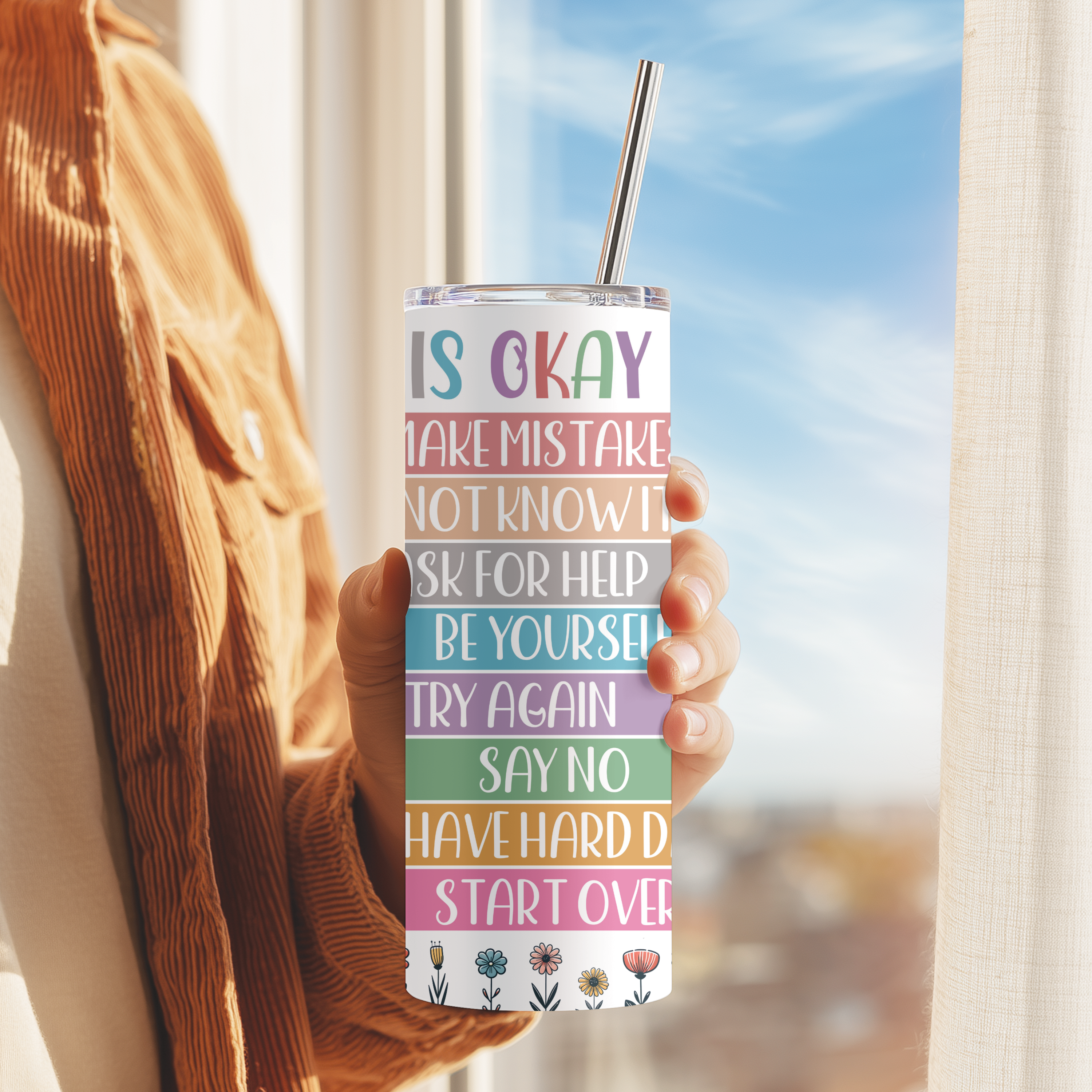Side angle showing affirmation list design on tumbler.