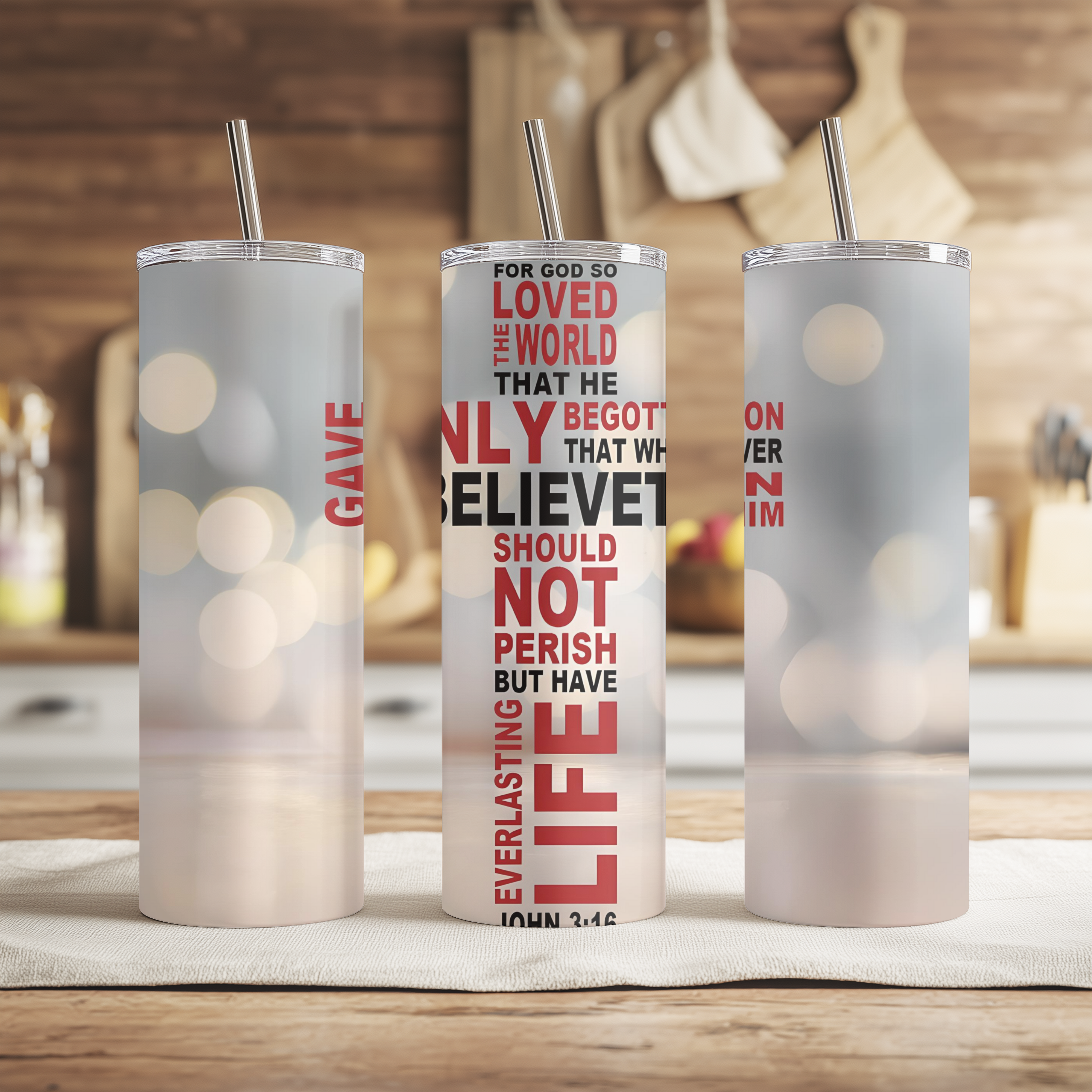 Close-up of the John 3:16 Cross™ tumbler highlighting scripture words shaped into a cross.