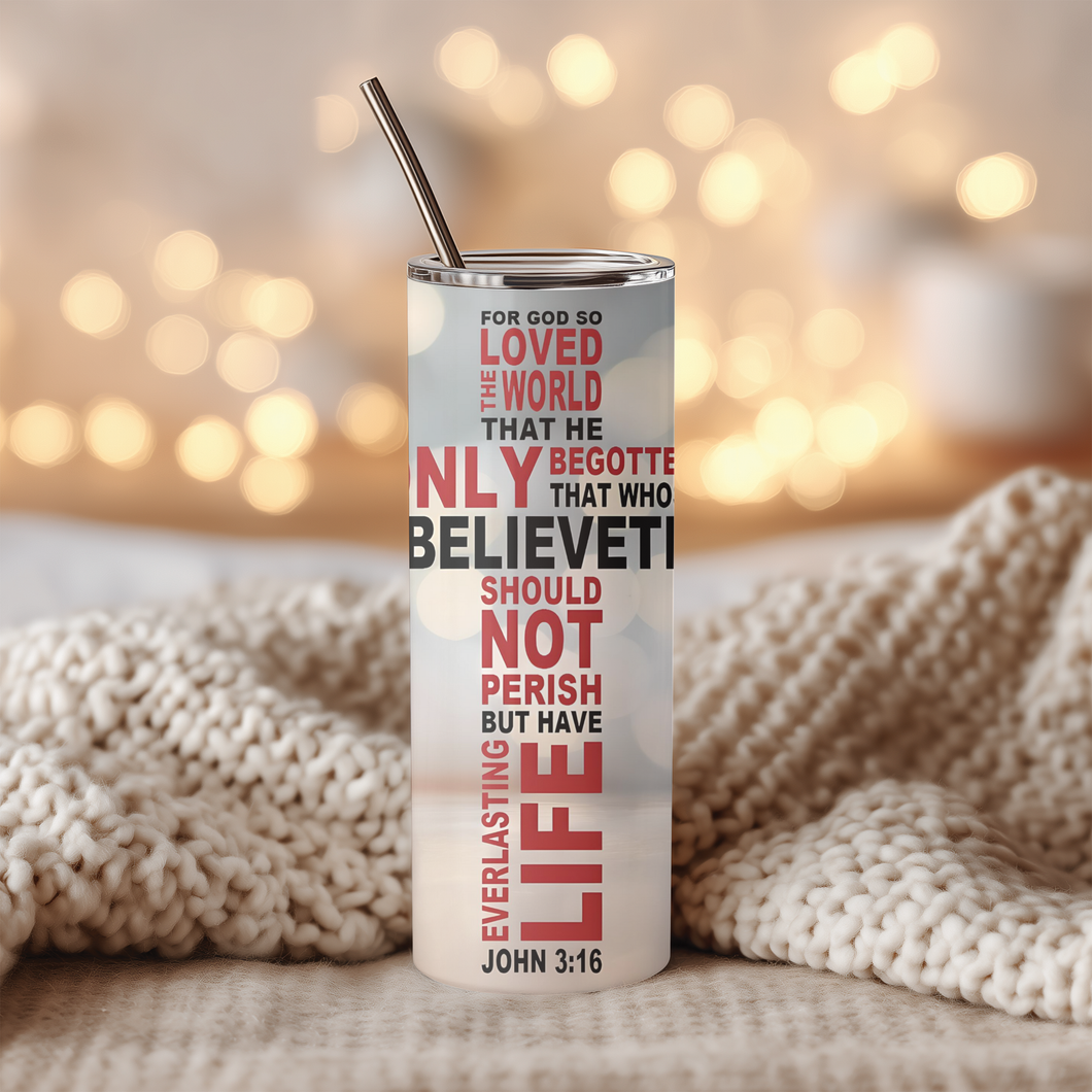 Side angle of John 3:16 Cross™ tumbler showing bold red-and-black scripture design.