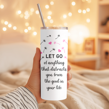 Load image into Gallery viewer, Side angle of tumbler with dandelion release design.
