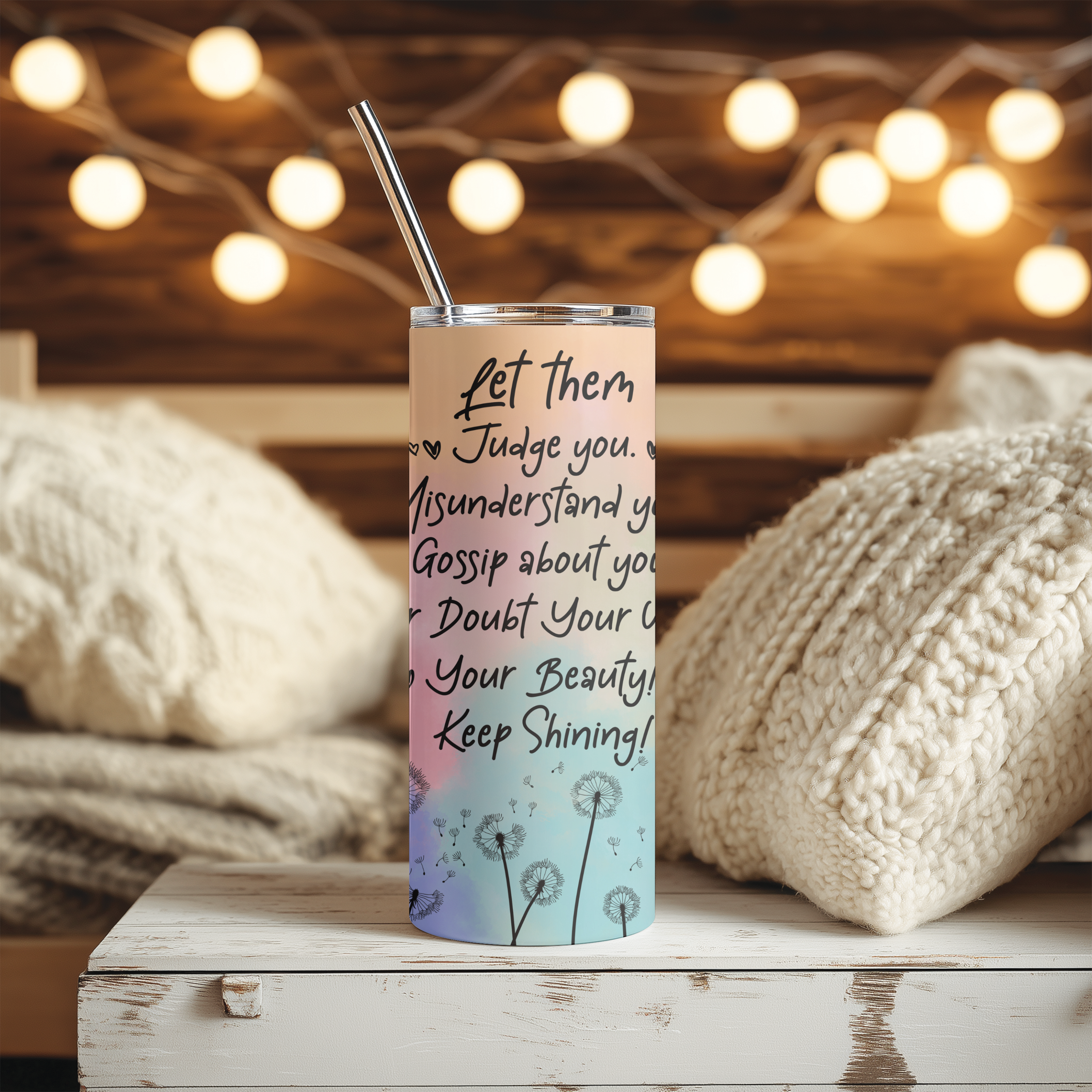 Front view of Let Them™ tumbler with pastel gradient affirmation design.