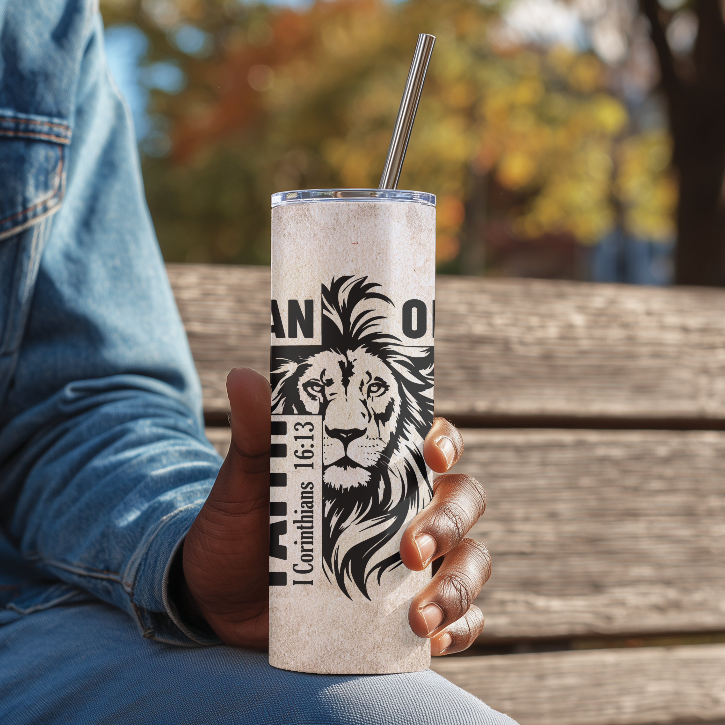 Side view of Man of Faith™ stainless steel tumbler, scripture-inspired design symbolizing strength and bold faith.
