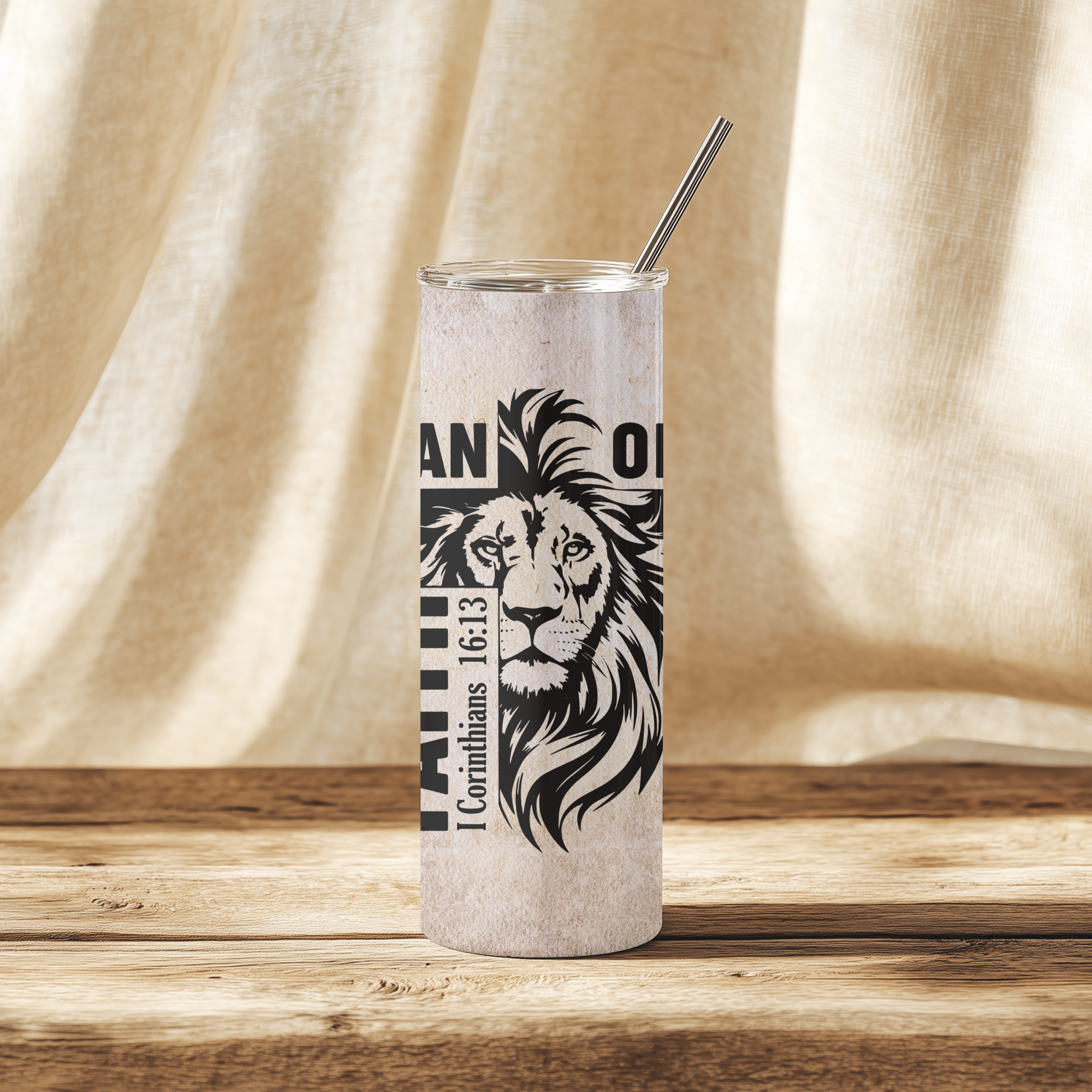 Man of Faith™ 20oz stainless steel tumbler full wrap design featuring scripture from 1 Corinthians 16:13.
