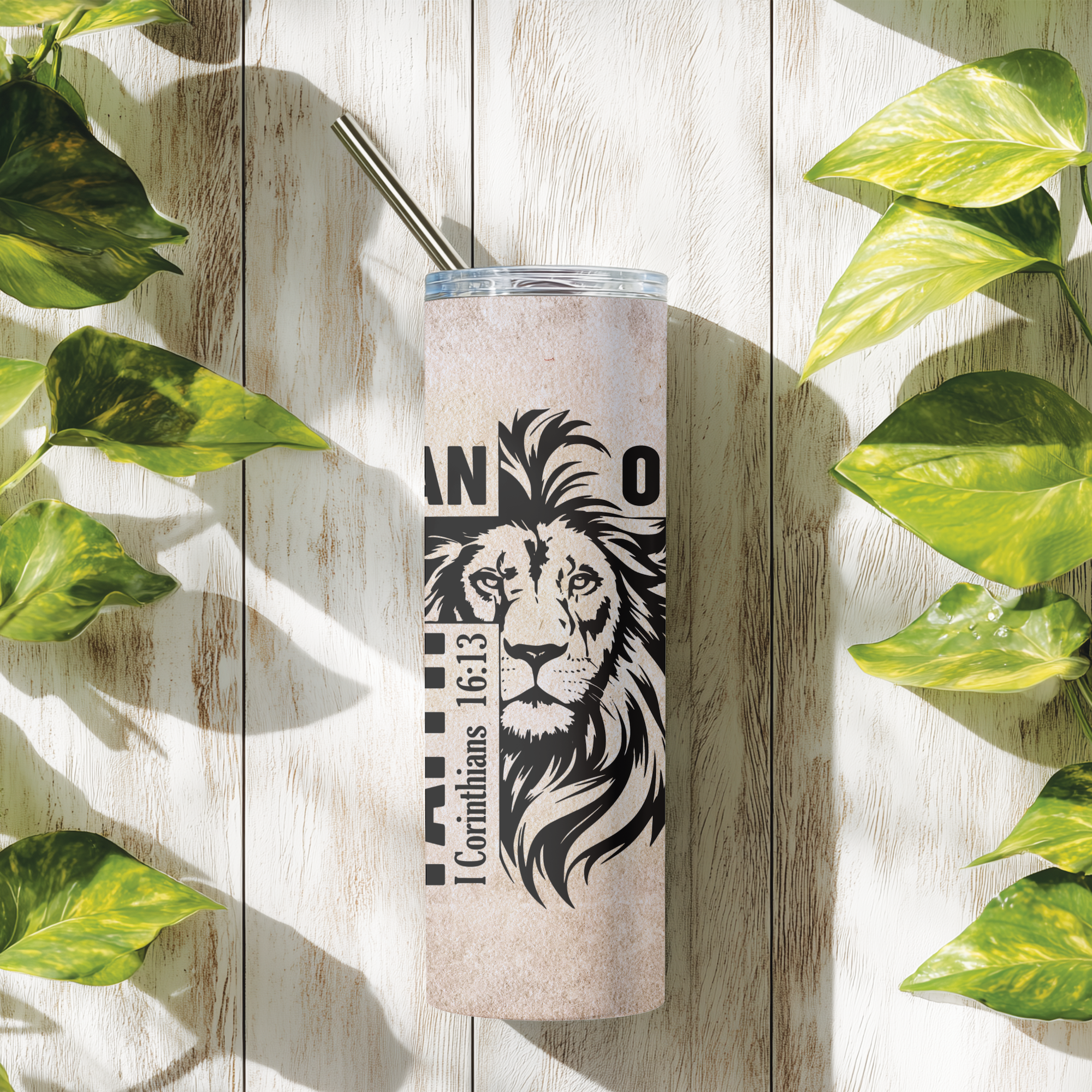 Man of Faith™ stainless steel tumbler with BPA-free lid and reusable straw, Christian gift for men of strength.