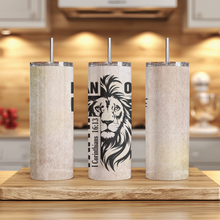 Load image into Gallery viewer, Man of Faith™ tumbler placed on table, durable stainless steel cup with scripture encouragement.
