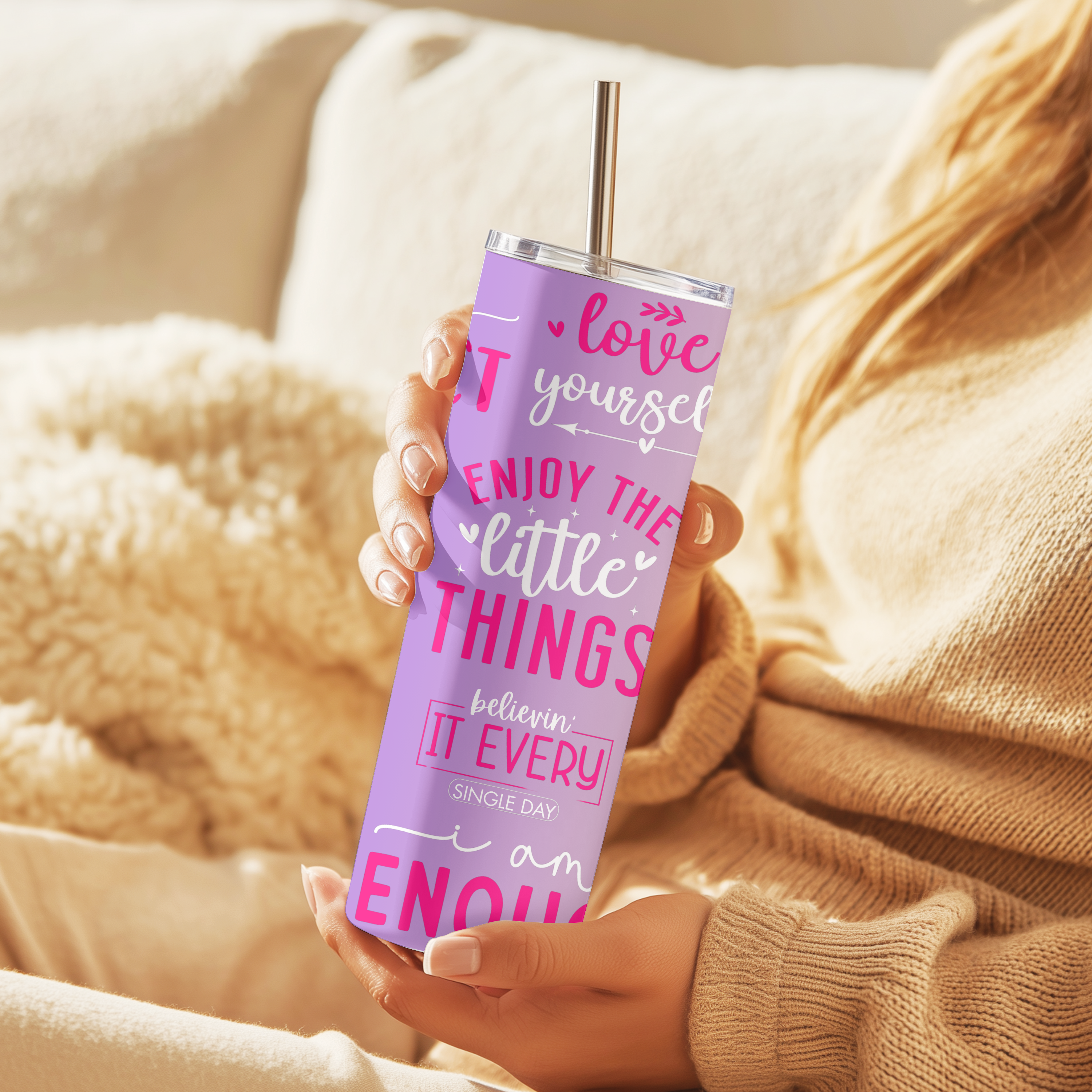 Perfectly Imperfect 20oz stainless steel tumbler, motivational Christian affirmation cup, front view mockup.